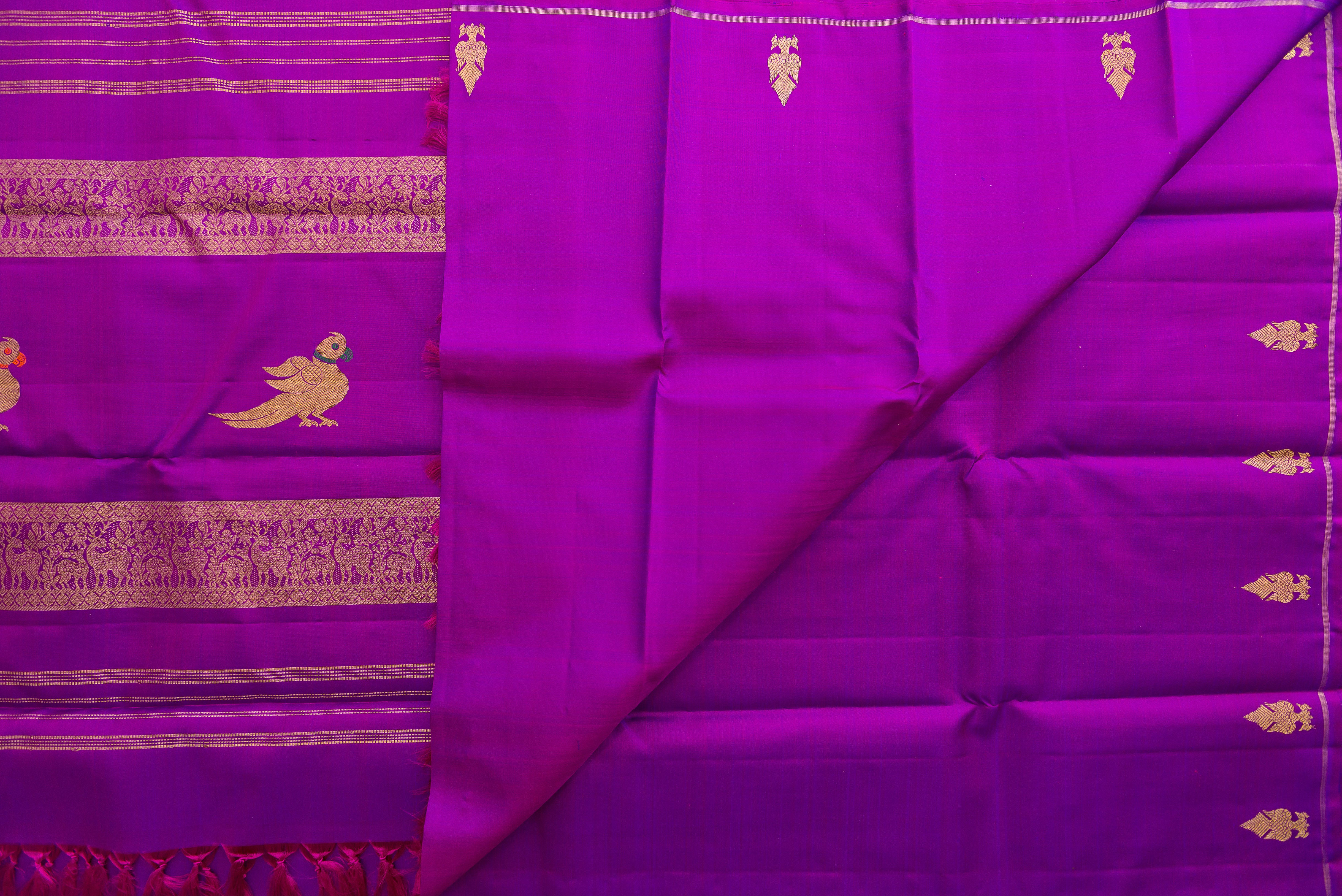 Royal Purple Handloom Pure Silk Saree with Gold Zari Gandaberunda Motifs