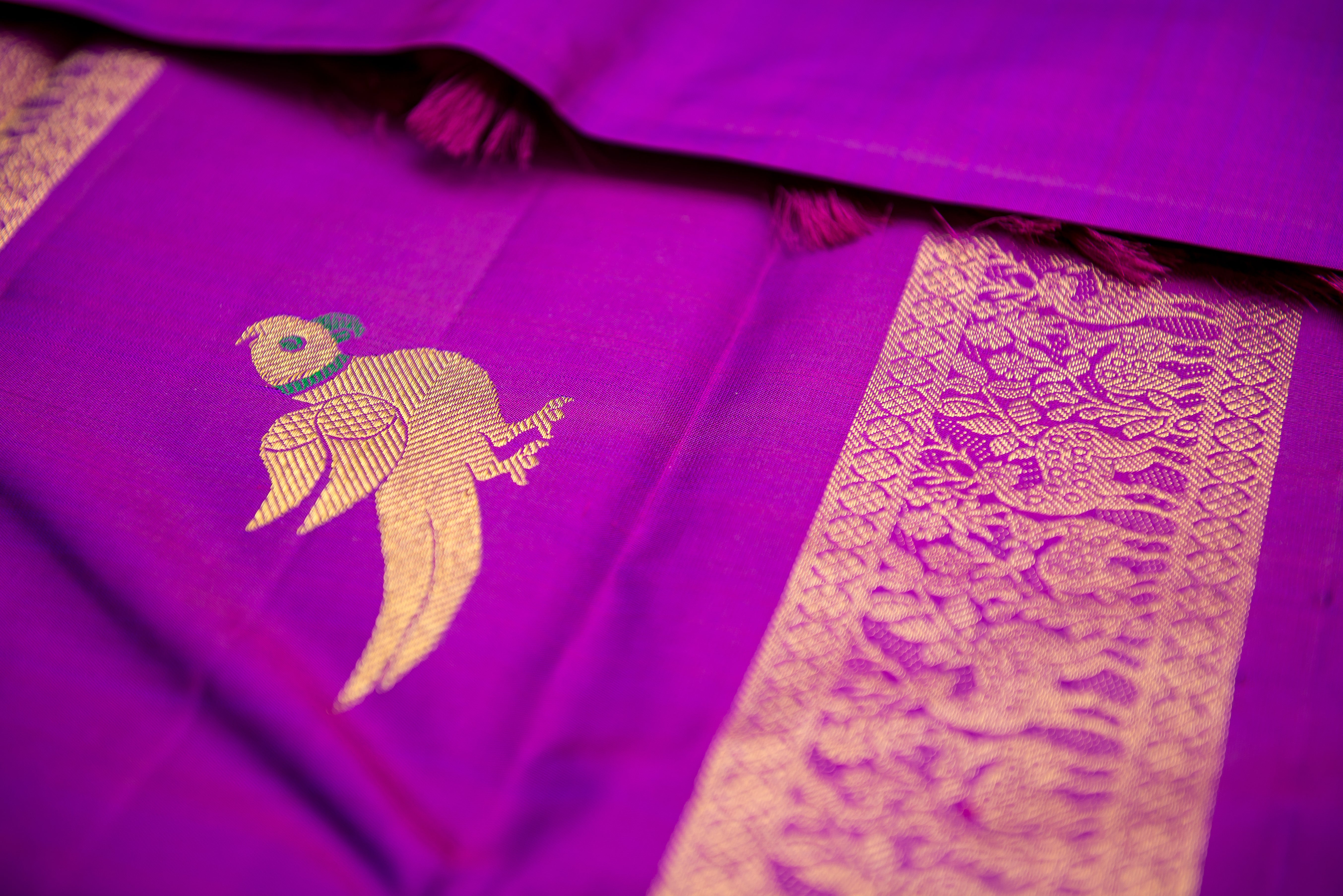 Royal Purple Handloom Pure Silk Saree with Gold Zari Gandaberunda Motifs