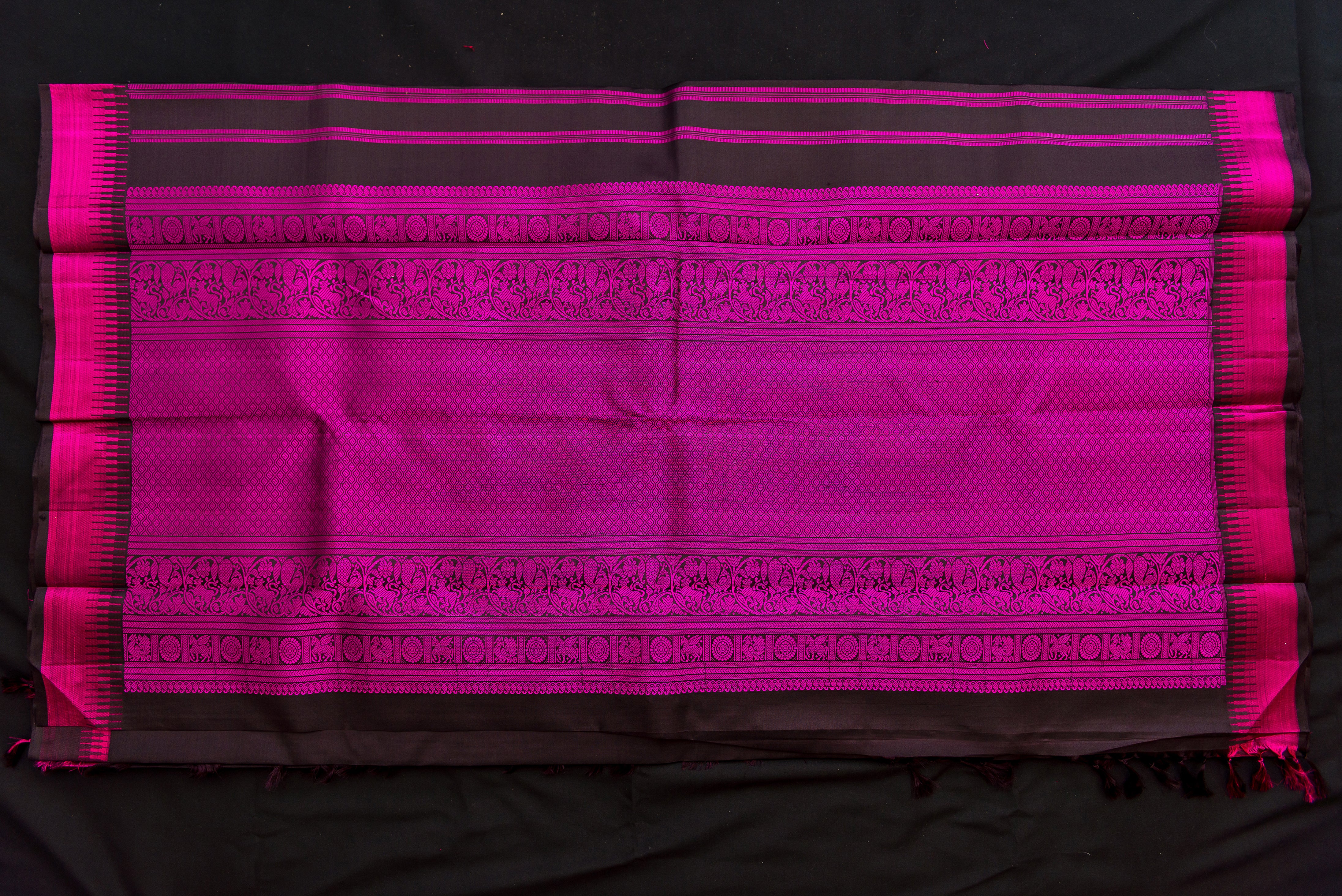 Black Pure Silk Threadwork Saree with Vibrant Pink Pallu