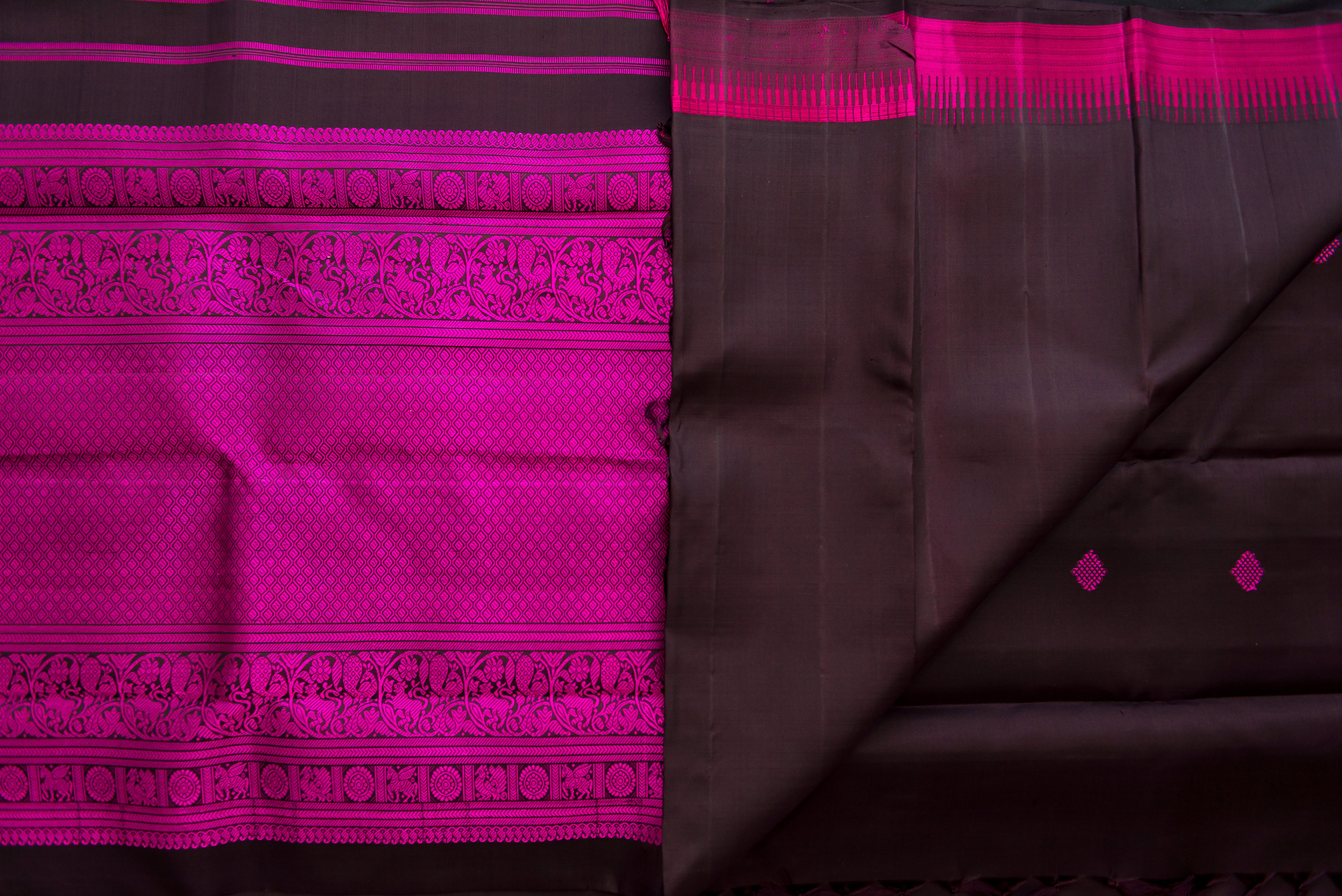 Black Pure Silk Threadwork Saree with Vibrant Pink Pallu