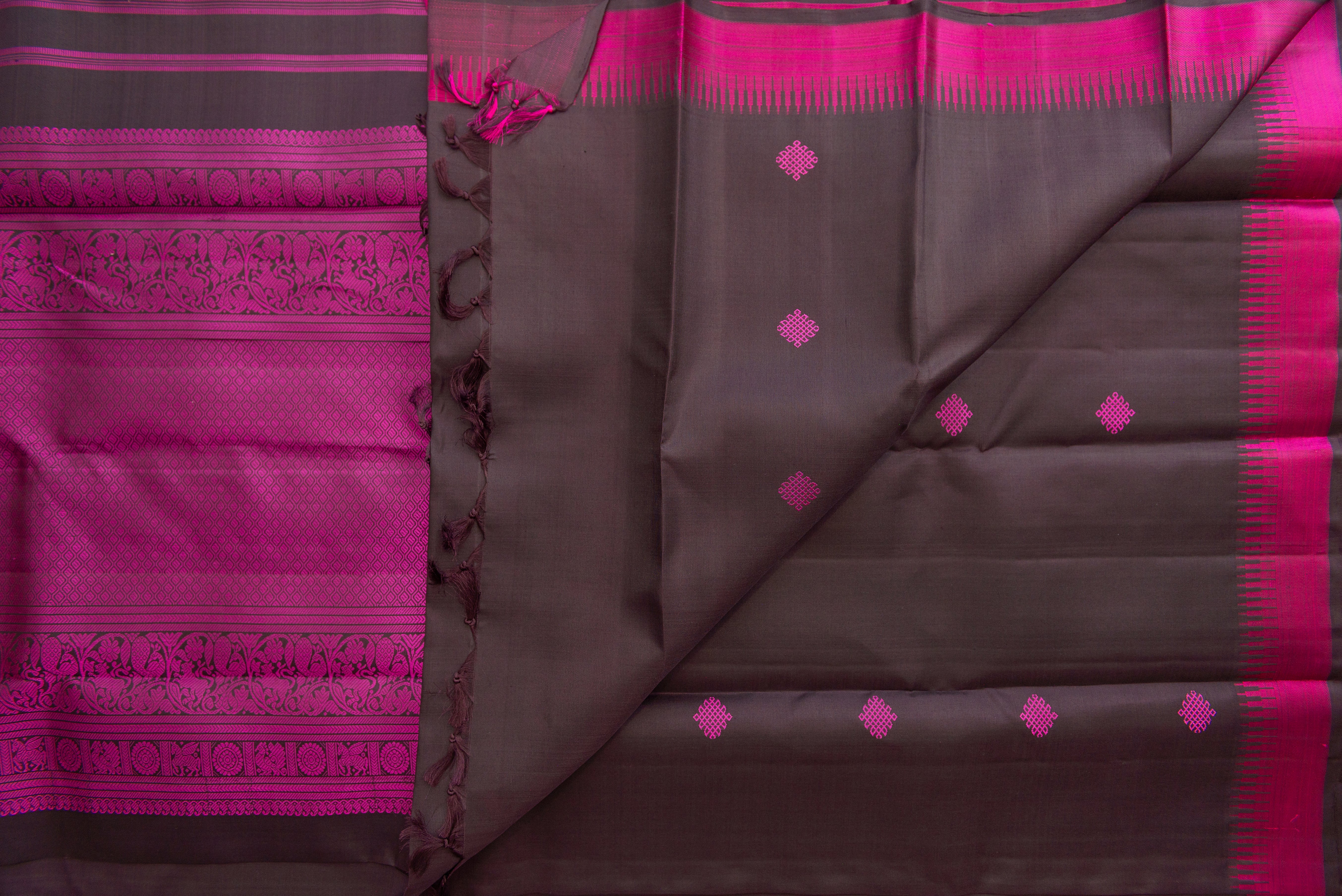 Black Pure Silk Threadwork Saree with Vibrant Pink Pallu