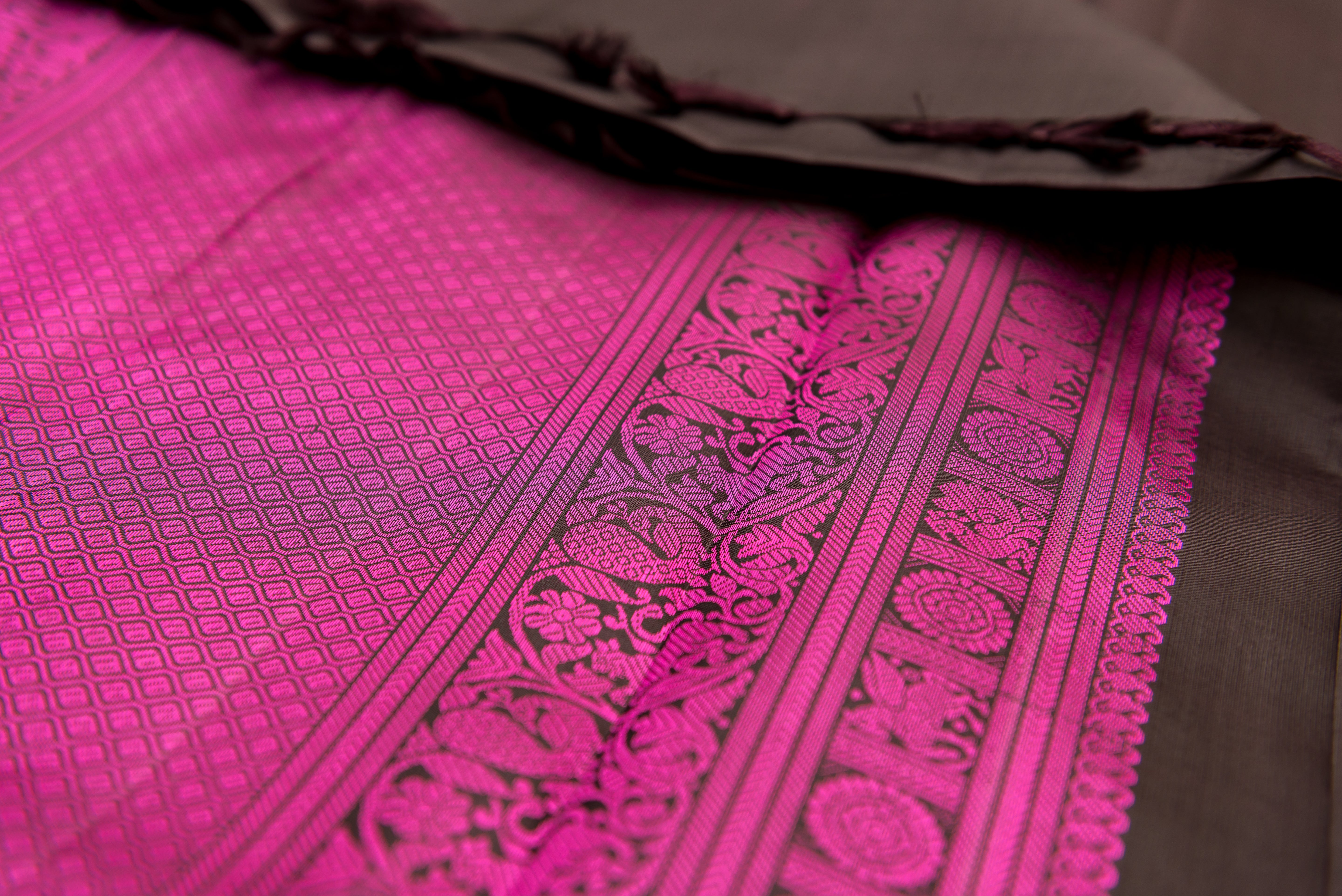 Black Pure Silk Threadwork Saree with Vibrant Pink Pallu