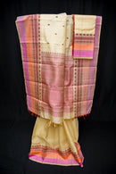Exquisite Cream Threadwork Pure Silk Saree with a Red Pallu