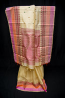 Exquisite Cream Threadwork Pure Silk Saree with a Red Pallu