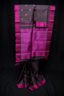 Black Pure Silk Threadwork Saree with Vibrant Pink Pallu