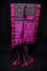 Black Pure Silk Threadwork Saree with Vibrant Pink Pallu