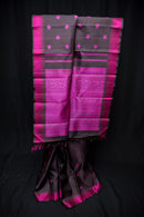 Black Pure Silk Threadwork Saree with Vibrant Pink Pallu