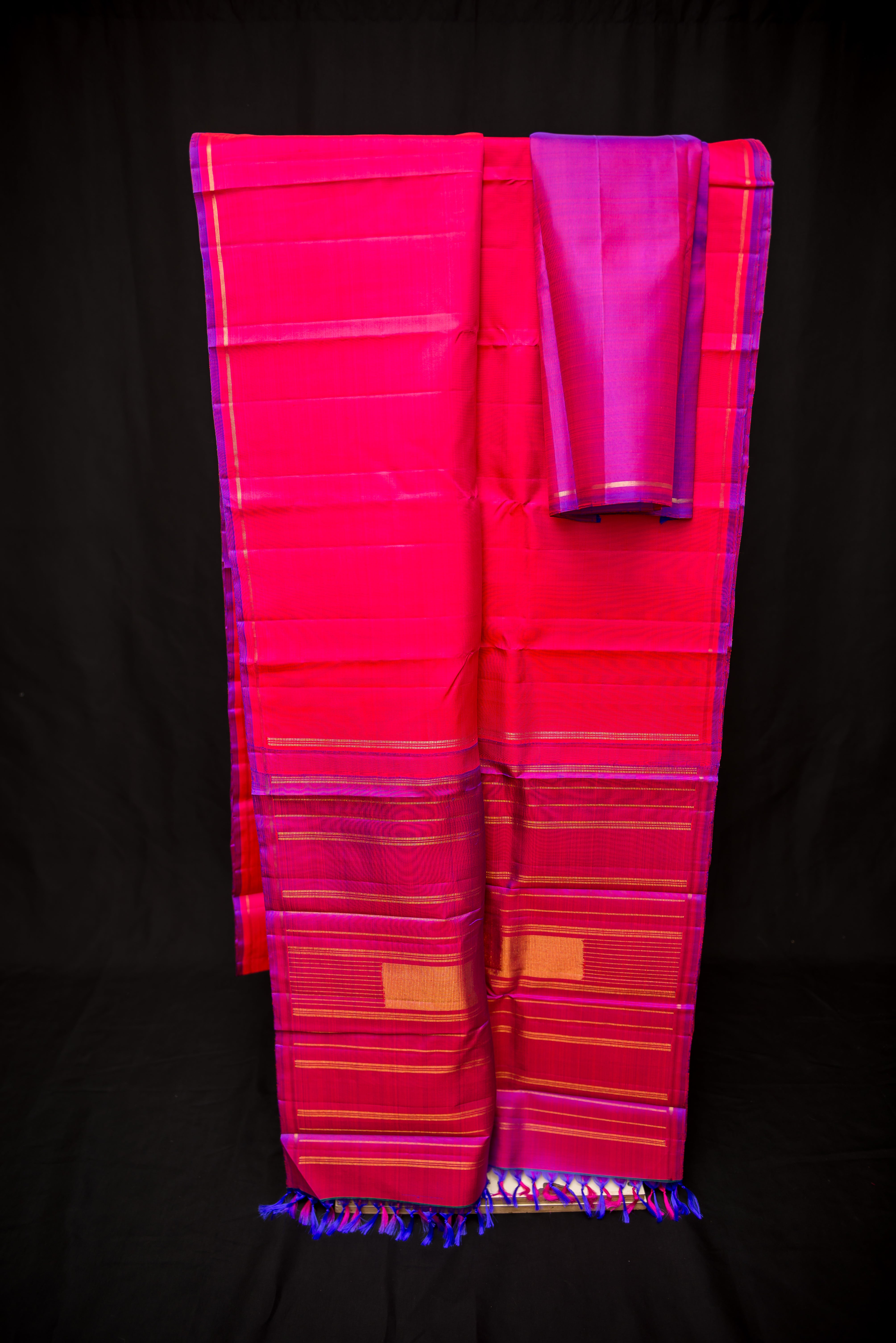 Electrifying Pink Pure Silk Saree with Contrast Purple Pallu