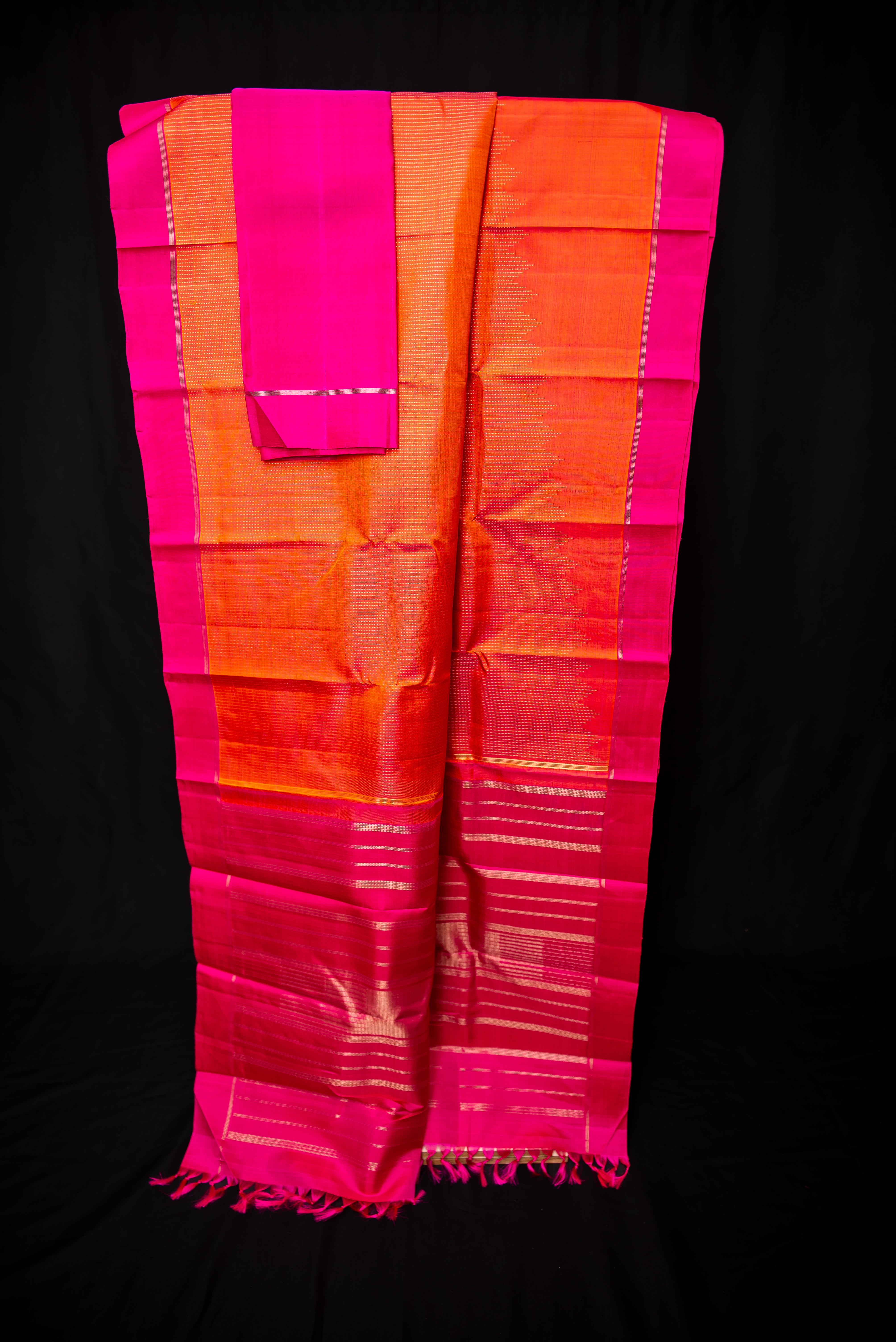 Fiery Orange Rising Lines Handloom Silk Saree