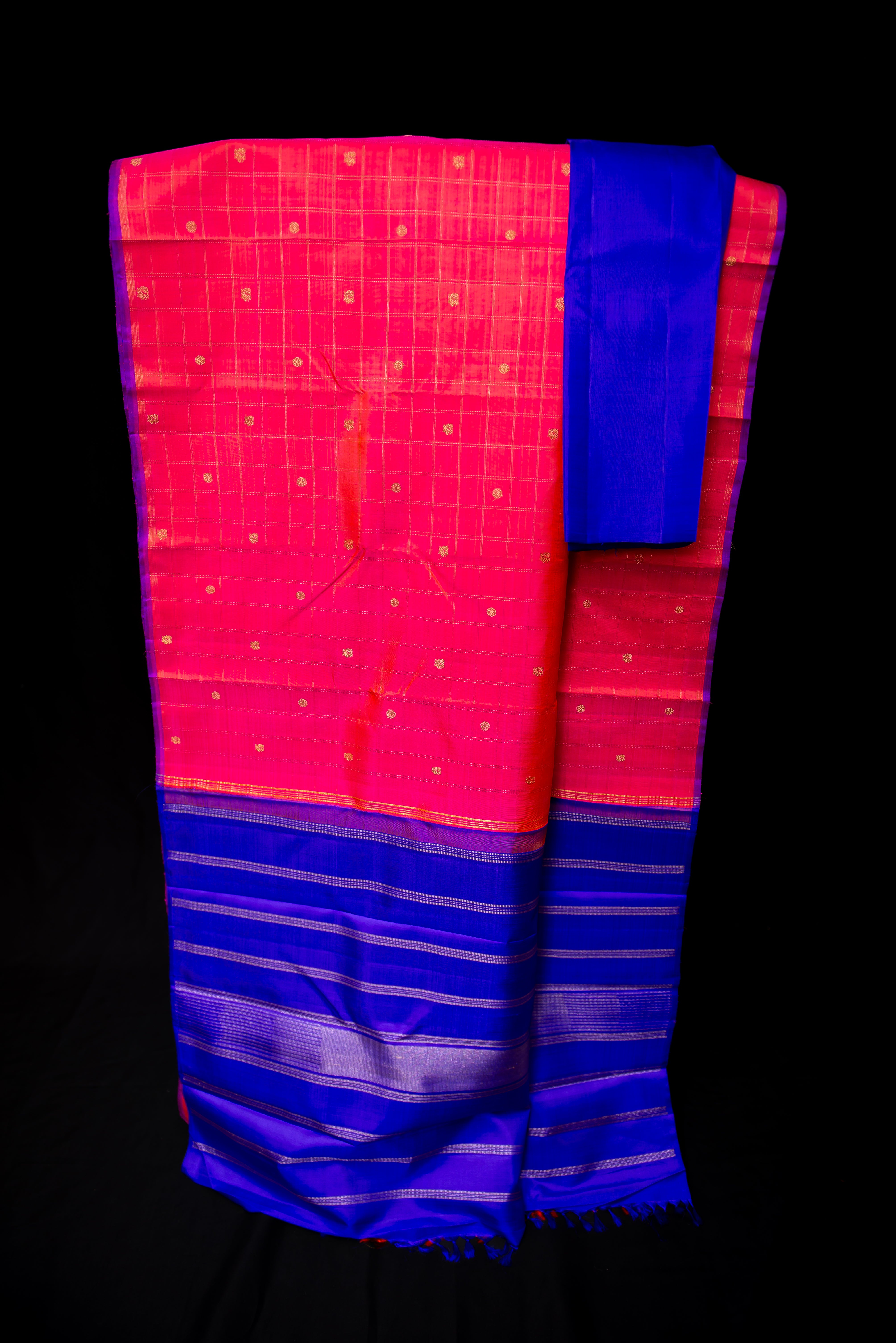 Striking Hot Pink Handloom Silk Saree with Royal Blue Pallu