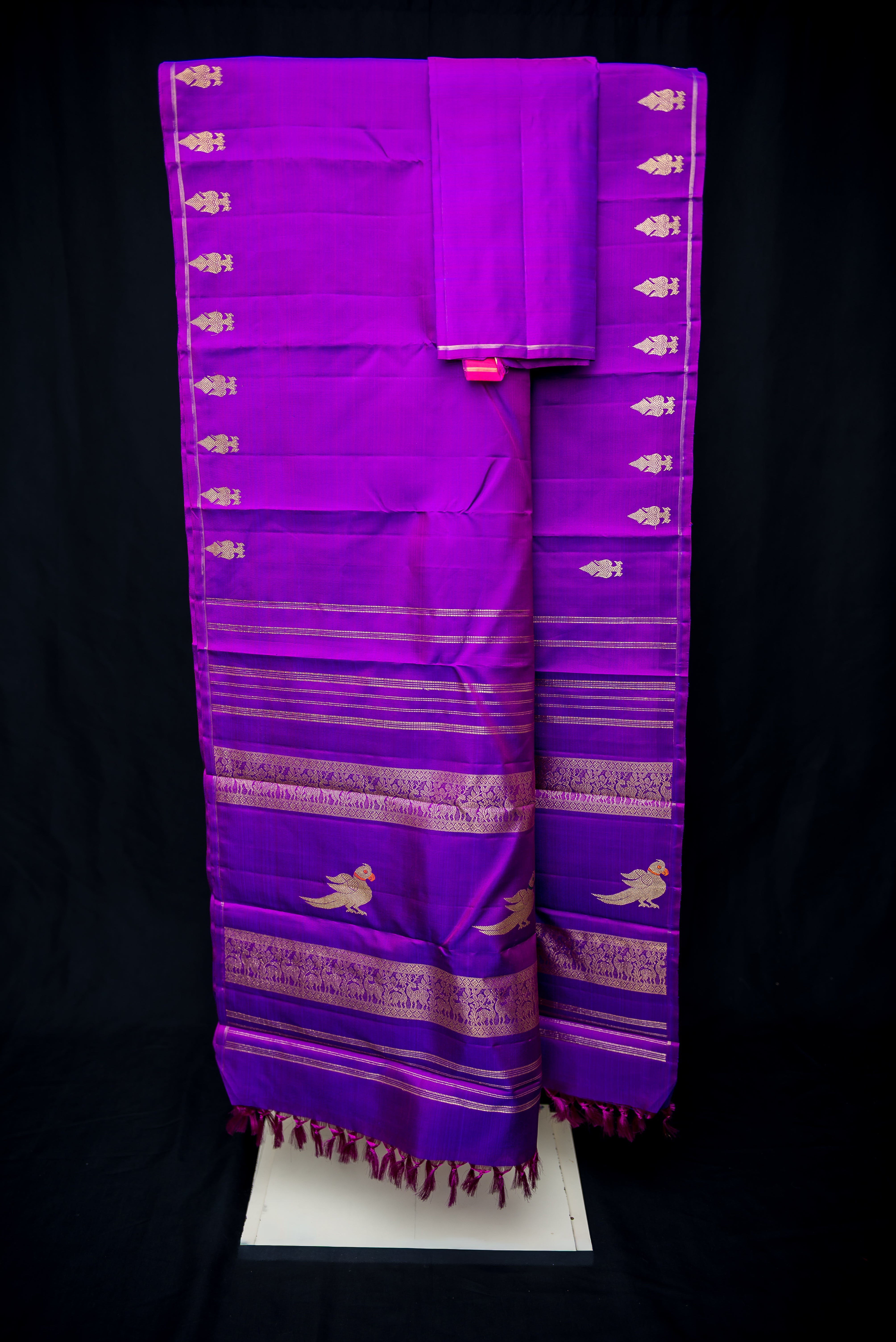 Royal Purple Handloom Pure Silk Saree with Gold Zari Gandaberunda Motifs