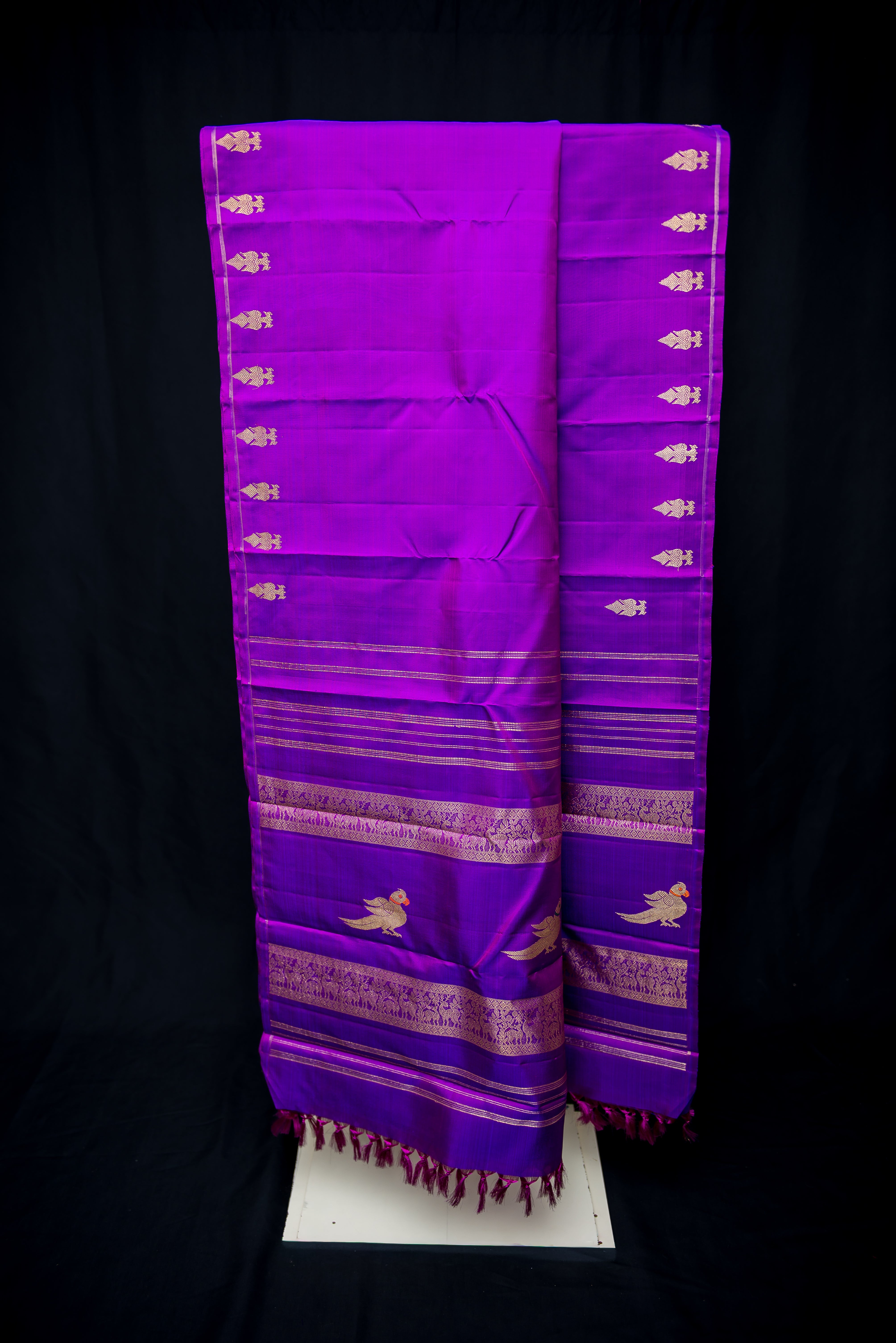 Royal Purple Handloom Pure Silk Saree with Gold Zari Gandaberunda Motifs