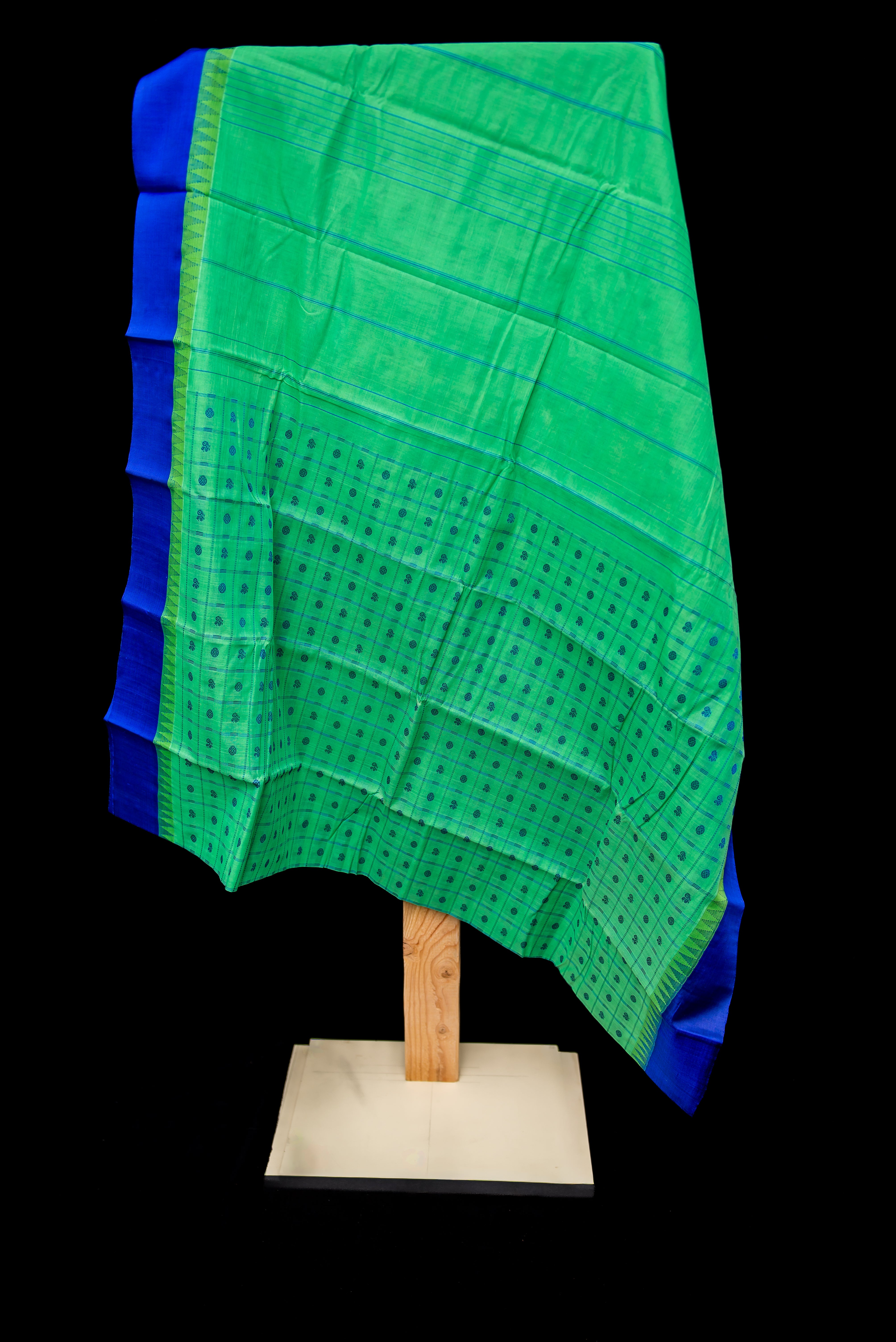 Fresh Green Silk Cotton Saree with Royal Blue Anams and Rudrakshams