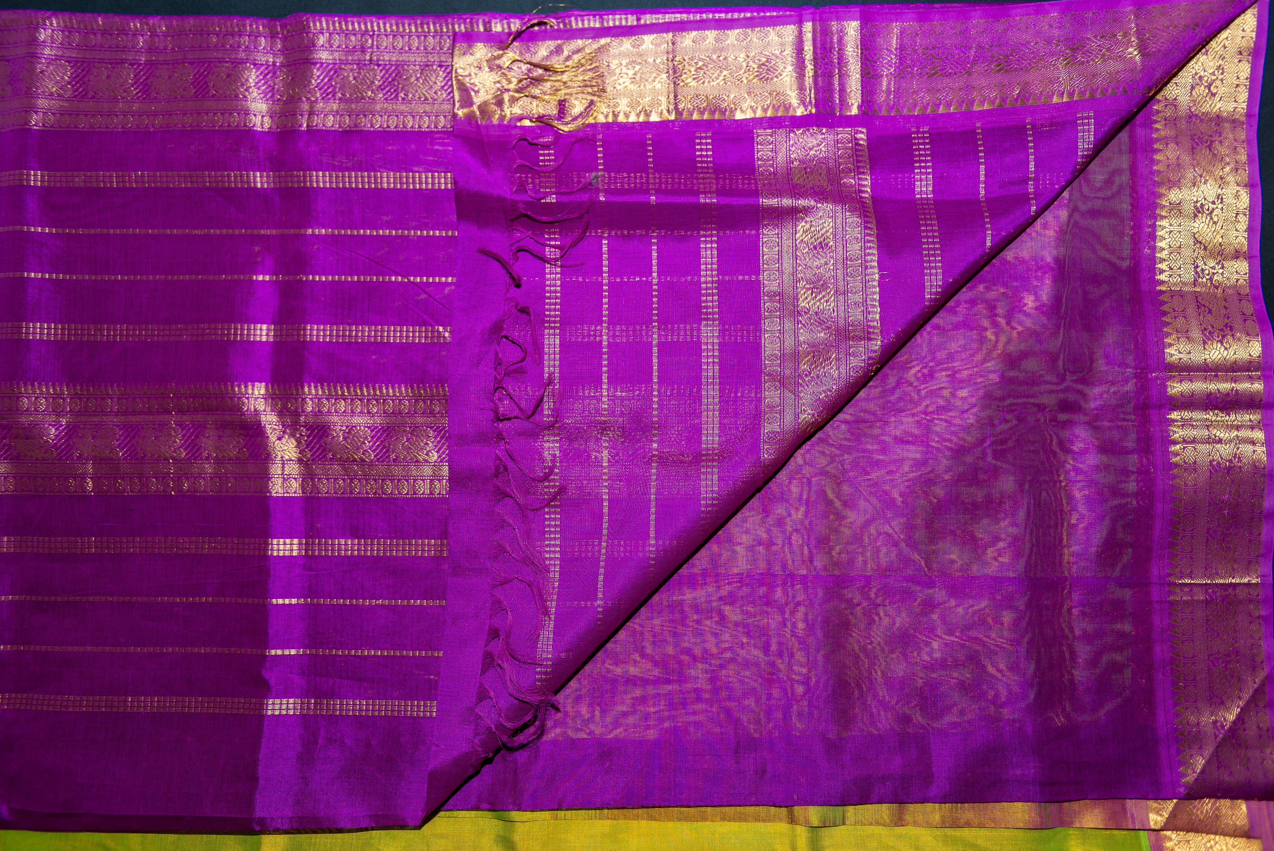 Dazzling Sneha Green Silk Cotton Saree with Purple Pallu