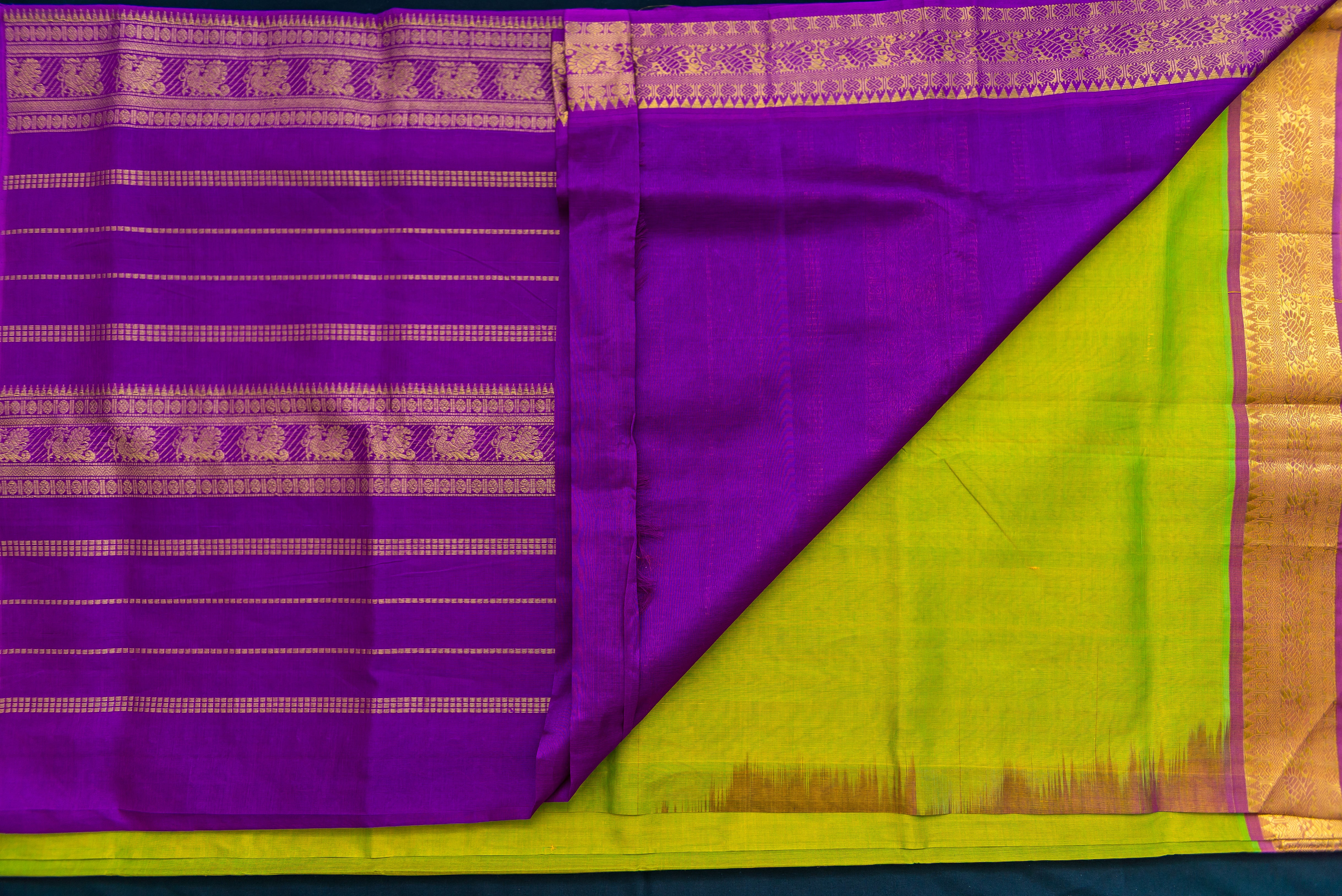 Dazzling Sneha Green Silk Cotton Saree with Purple Pallu