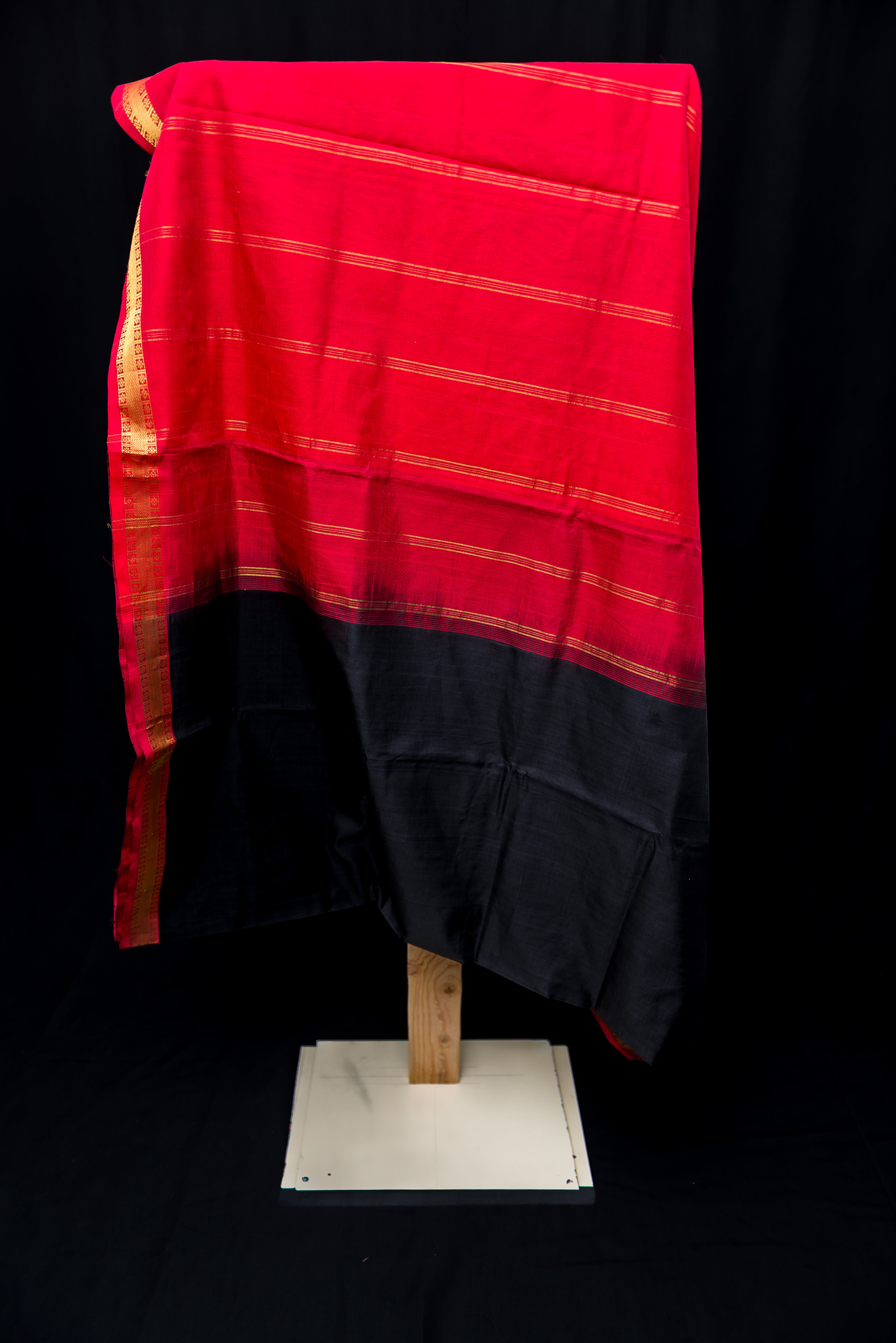 Striking Black Silk Cotton Saree with Contrasting Red Pallu