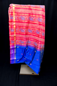 Vibrant Royal Blue Silk Cotton Saree with Red Blockprint Pallu