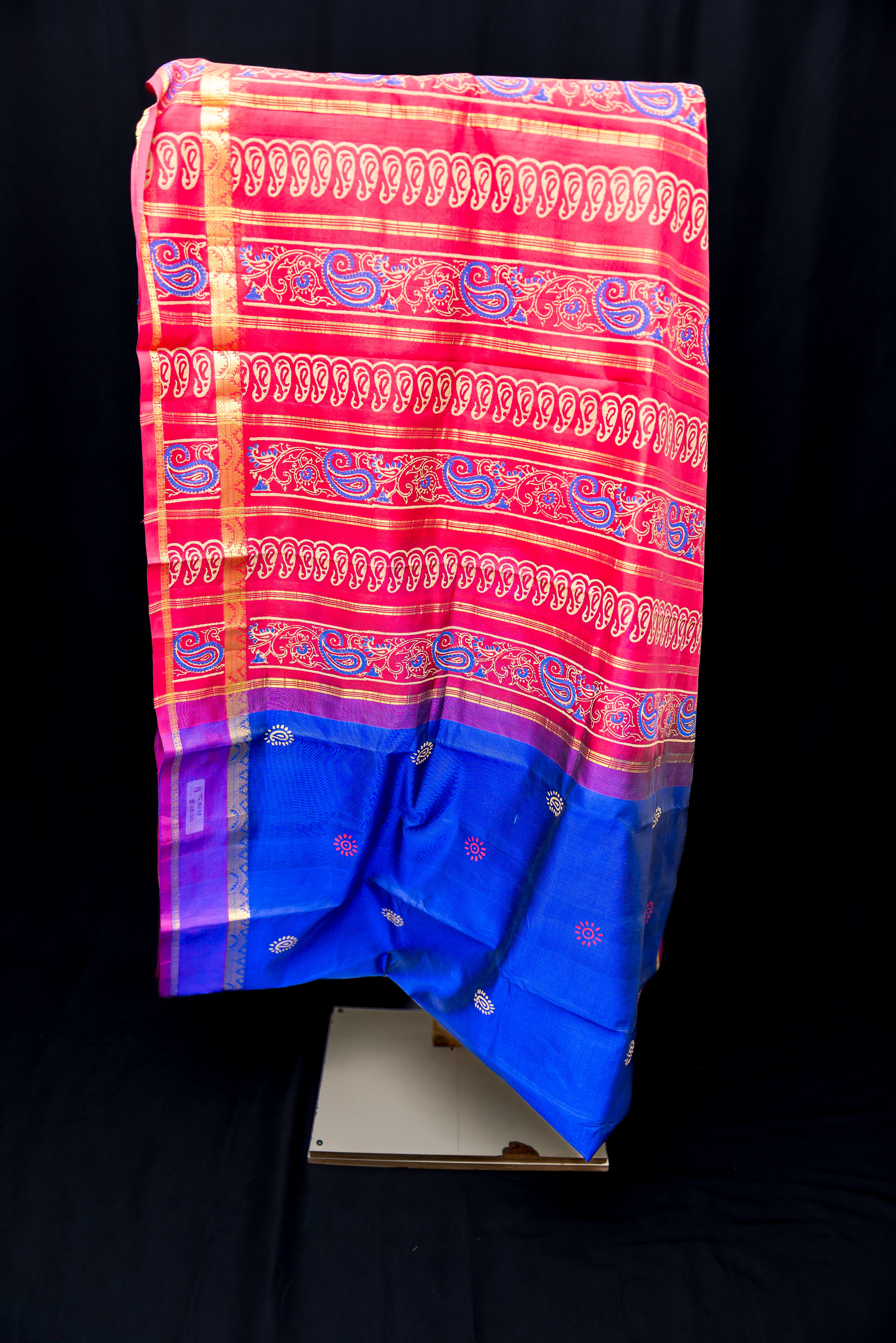 Vibrant Royal Blue Silk Cotton Saree with Red Blockprint Pallu