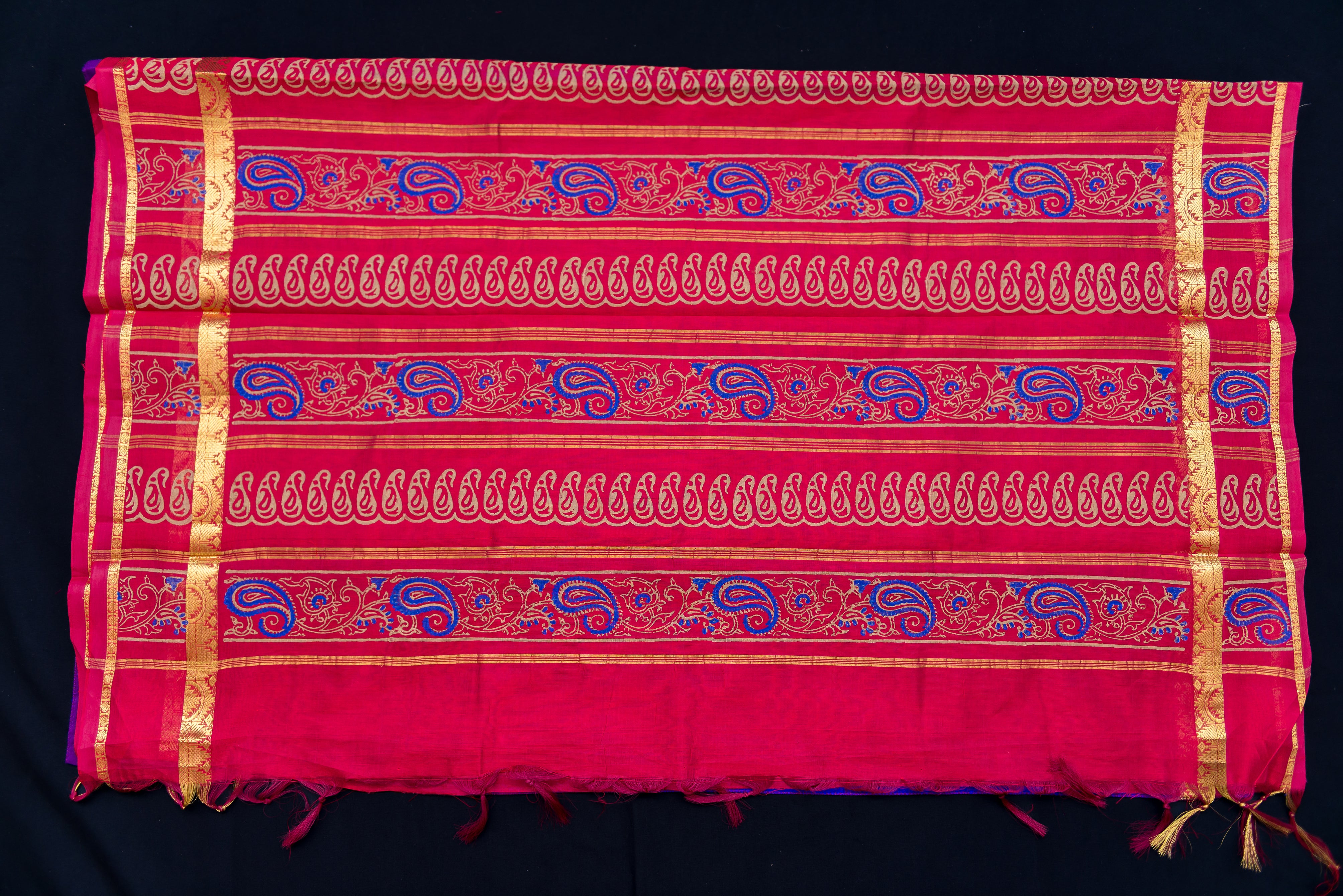 Vibrant Royal Blue Silk Cotton Saree with Red Blockprint Pallu