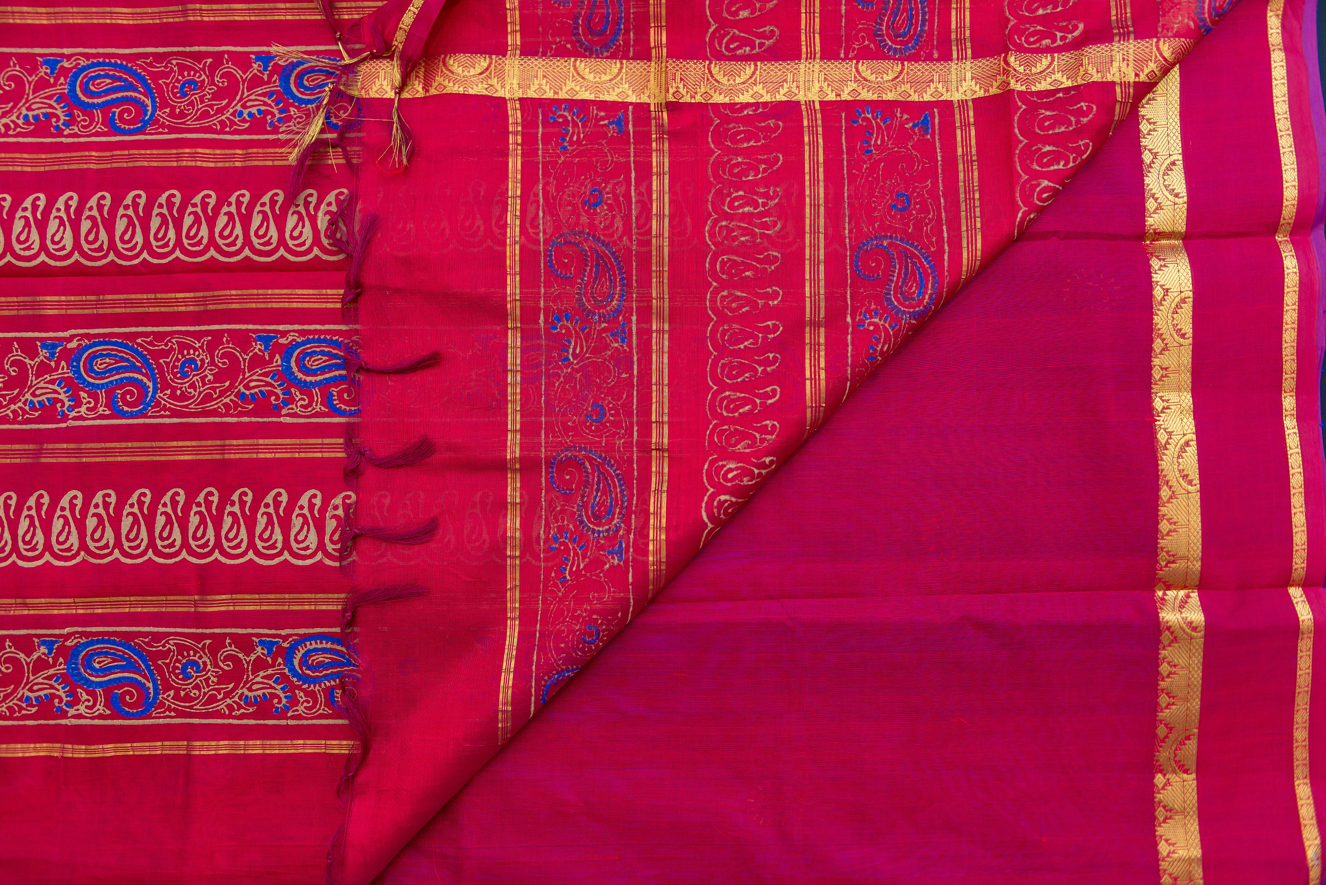Vibrant Royal Blue Silk Cotton Saree with Red Blockprint Pallu