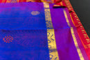 Vibrant Royal Blue Silk Cotton Saree with Red Blockprint Pallu