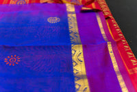 Vibrant Royal Blue Silk Cotton Saree with Red Blockprint Pallu