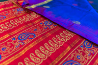 Vibrant Royal Blue Silk Cotton Saree with Red Blockprint Pallu