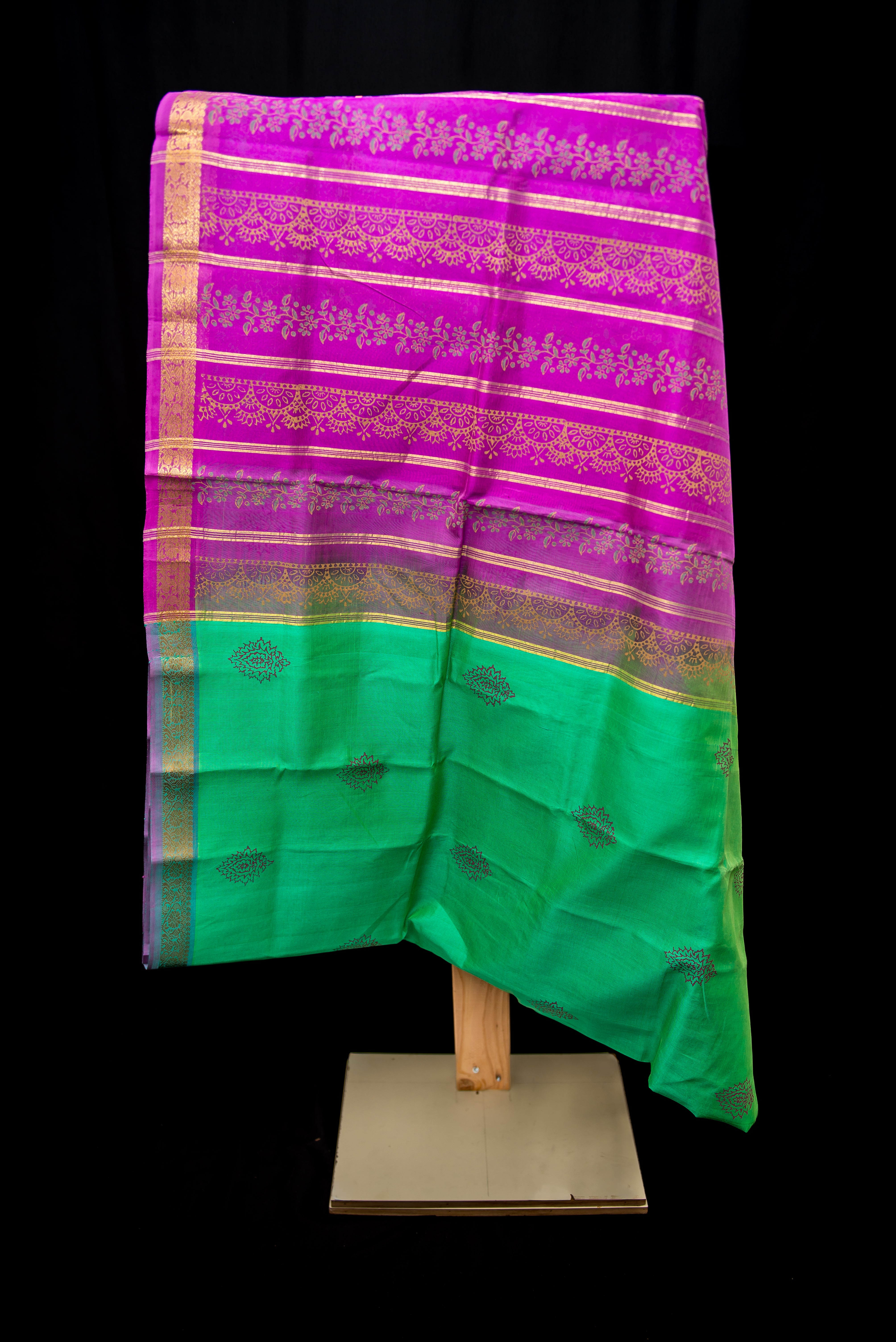 Bold Fuchsia and Emerald Green Silk Cotton Saree with Gold Zari