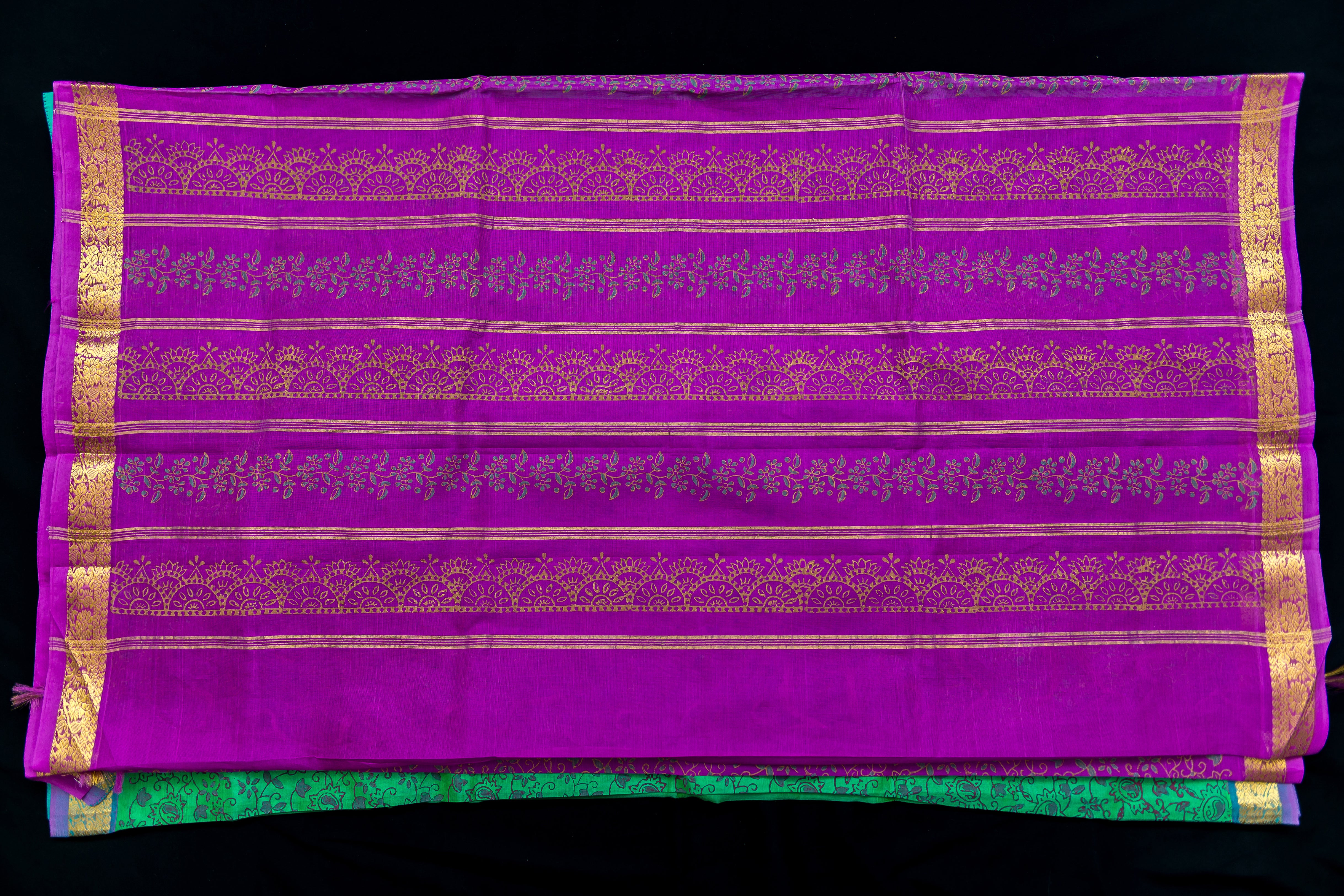 Bold Fuchsia and Emerald Green Silk Cotton Saree with Gold Zari