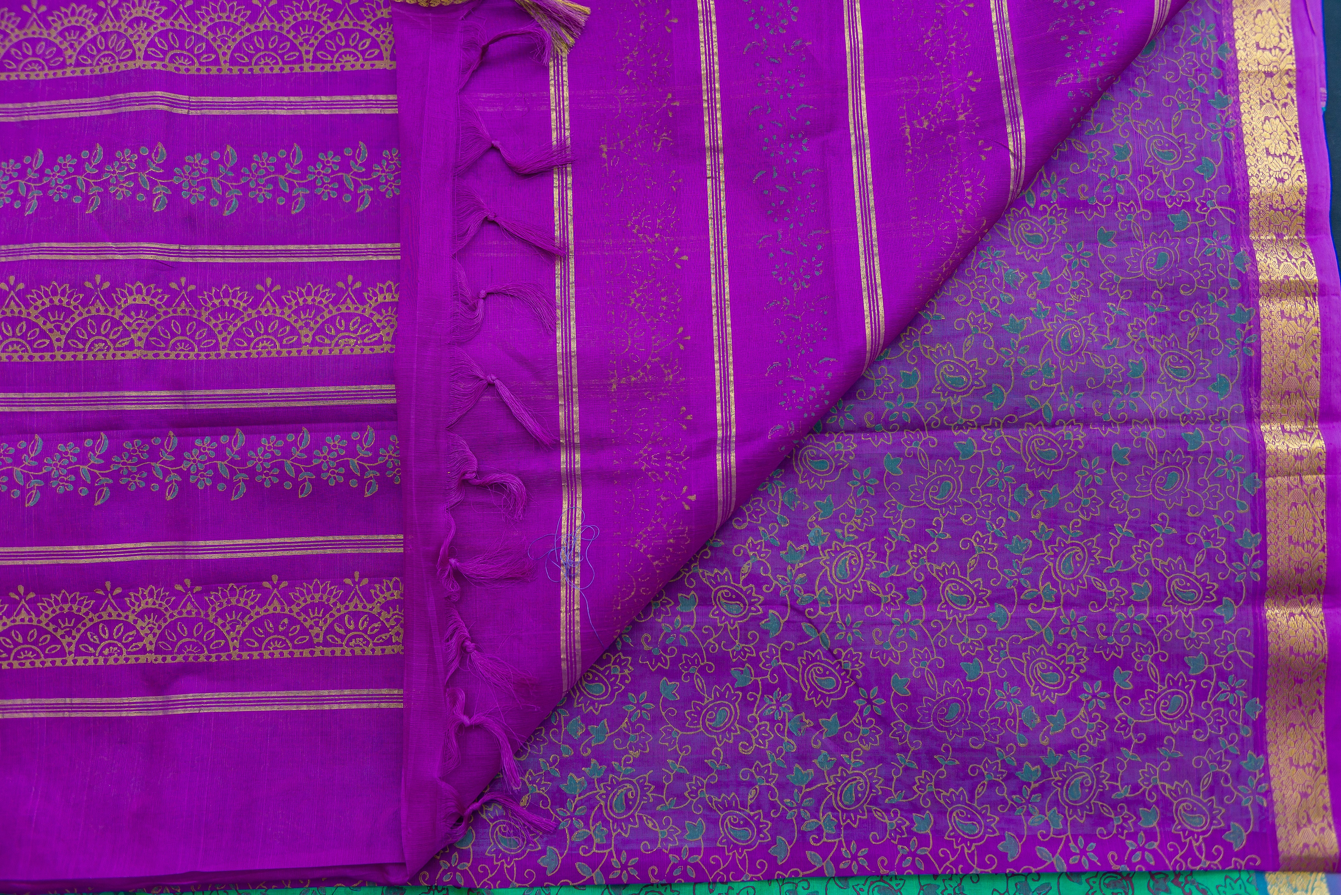 Bold Fuchsia and Emerald Green Silk Cotton Saree with Gold Zari