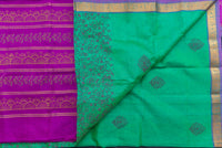 Bold Fuchsia and Emerald Green Silk Cotton Saree with Gold Zari
