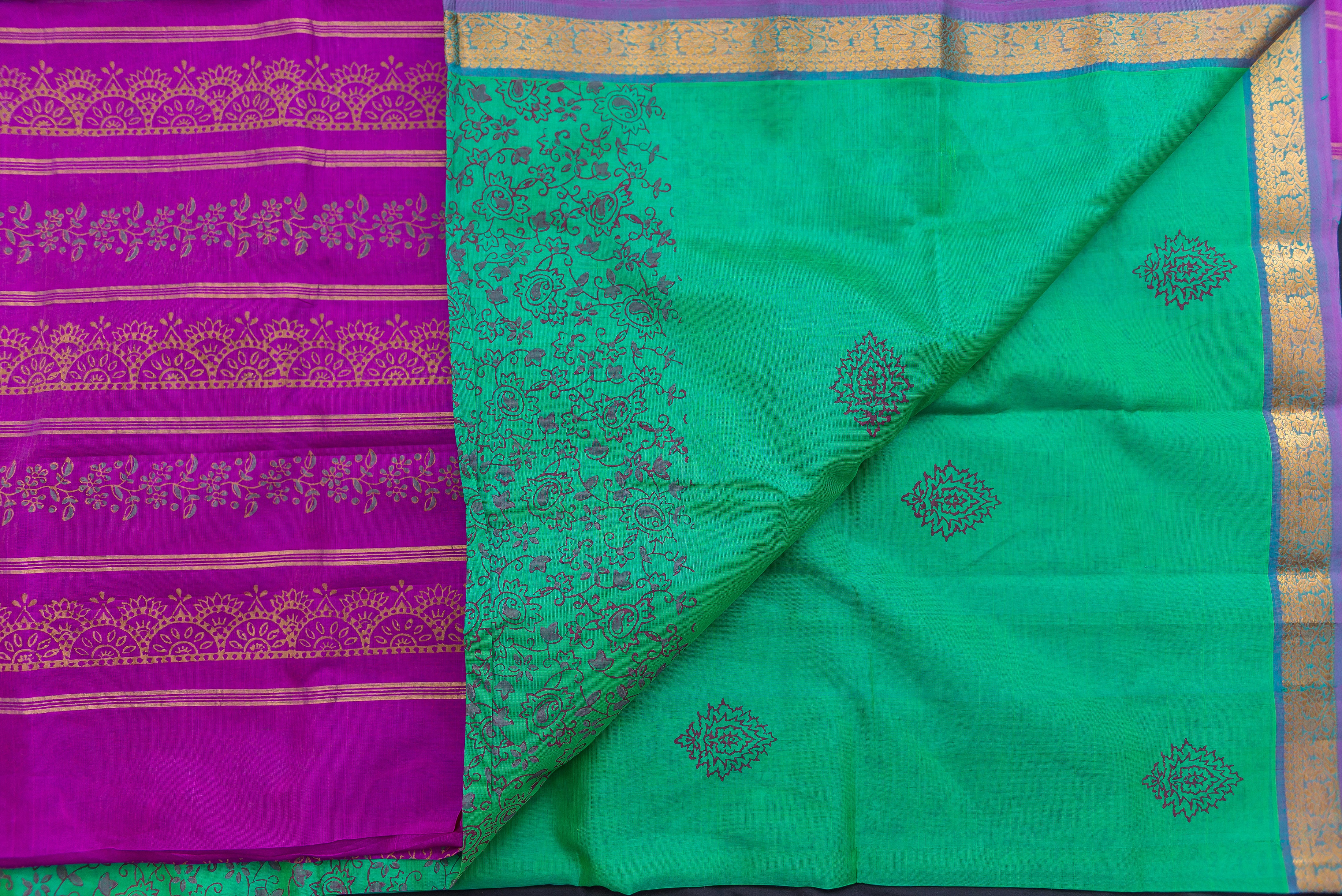 Bold Fuchsia and Emerald Green Silk Cotton Saree with Gold Zari