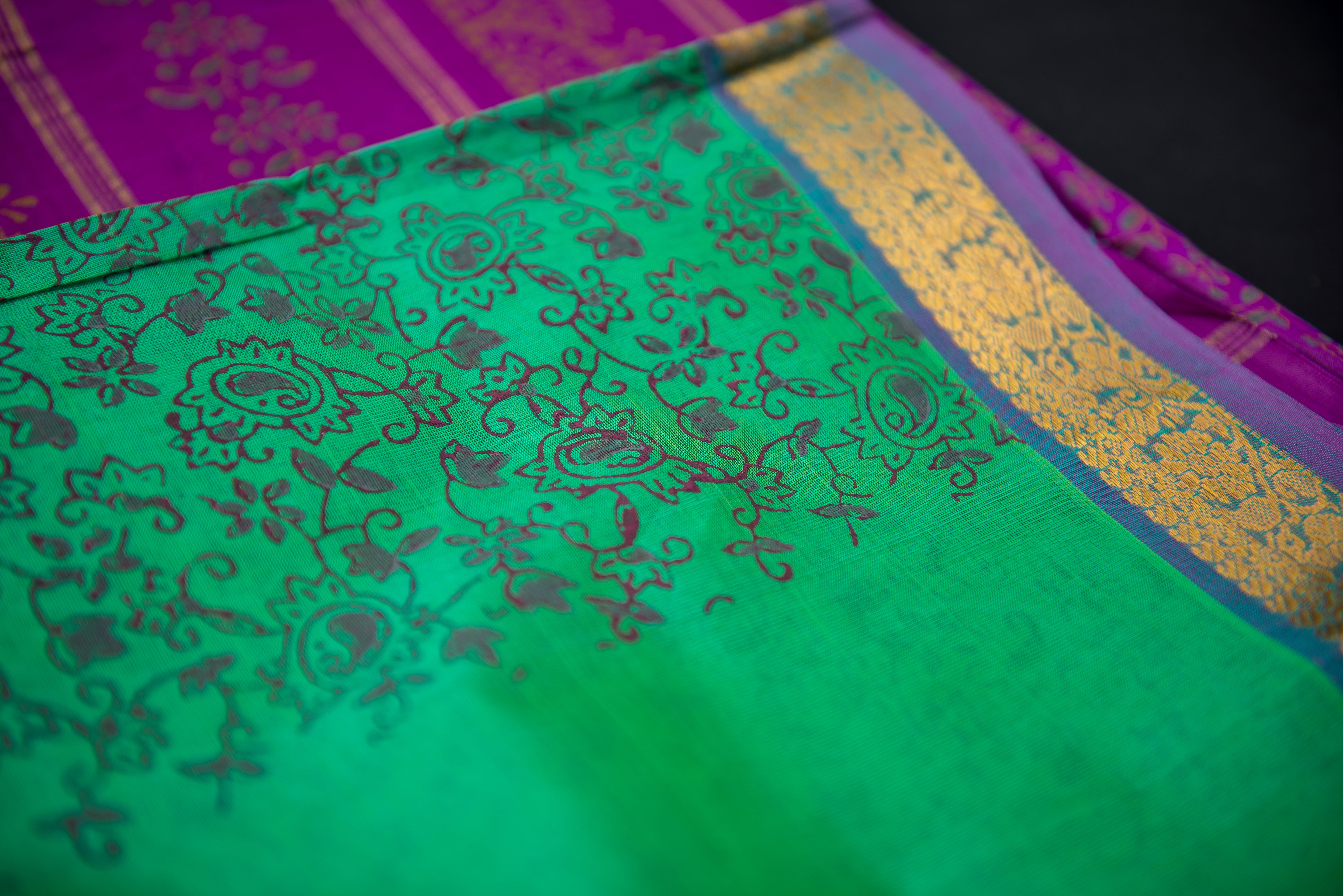 Bold Fuchsia and Emerald Green Silk Cotton Saree with Gold Zari