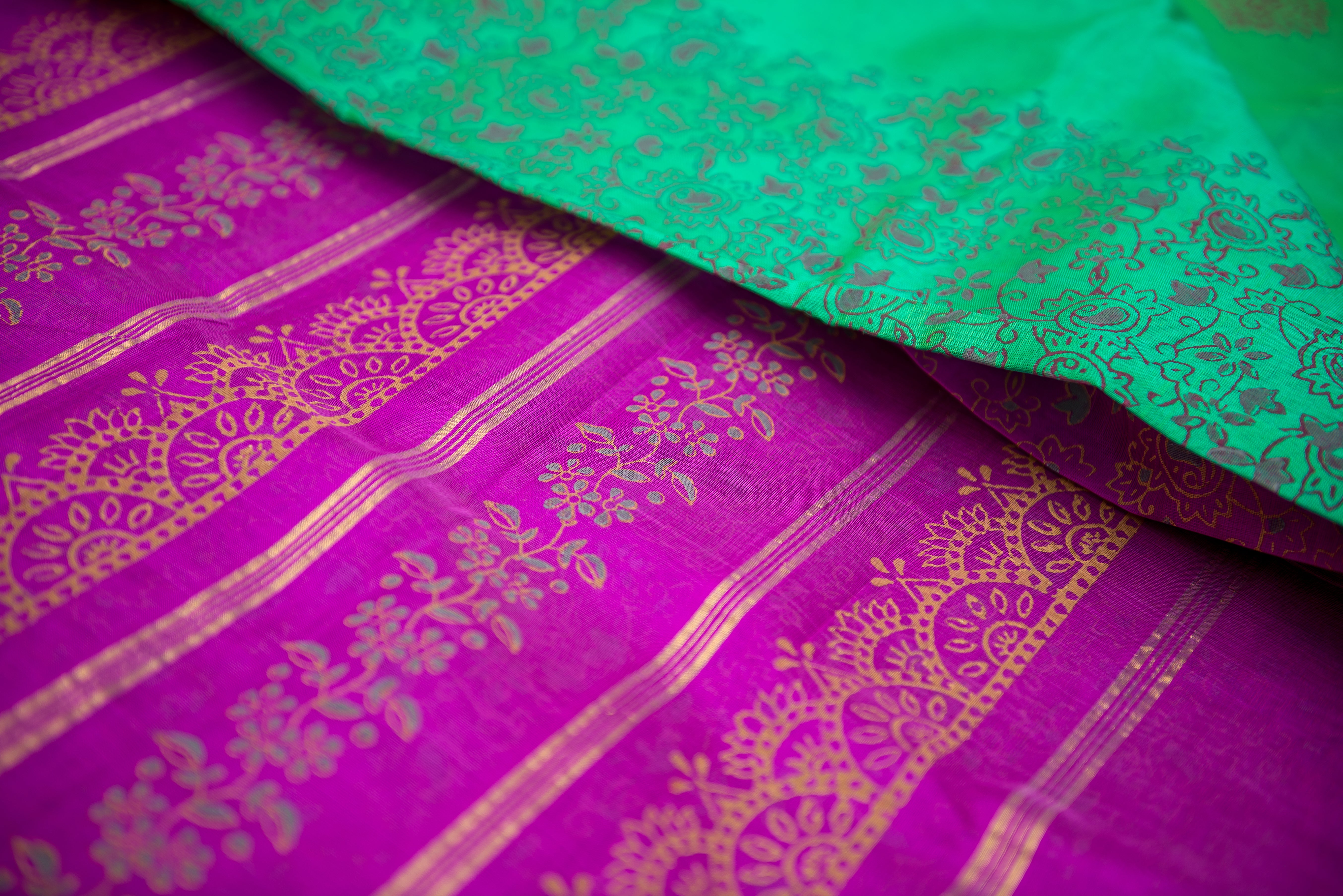 Bold Fuchsia and Emerald Green Silk Cotton Saree with Gold Zari