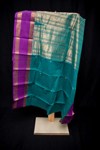 Magnificent Dark Teal Kanchi Cotton Saree with Gold Zari