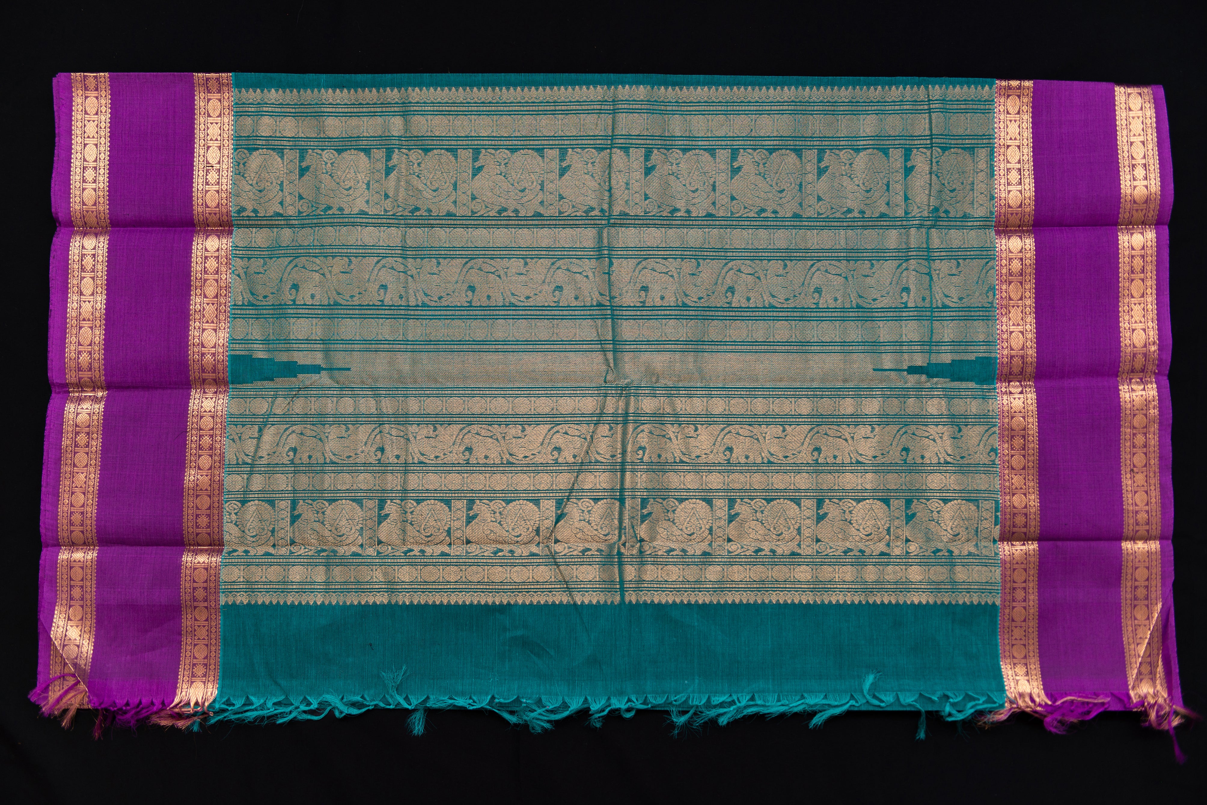 Magnificent Dark Teal Kanchi Cotton Saree with Gold Zari