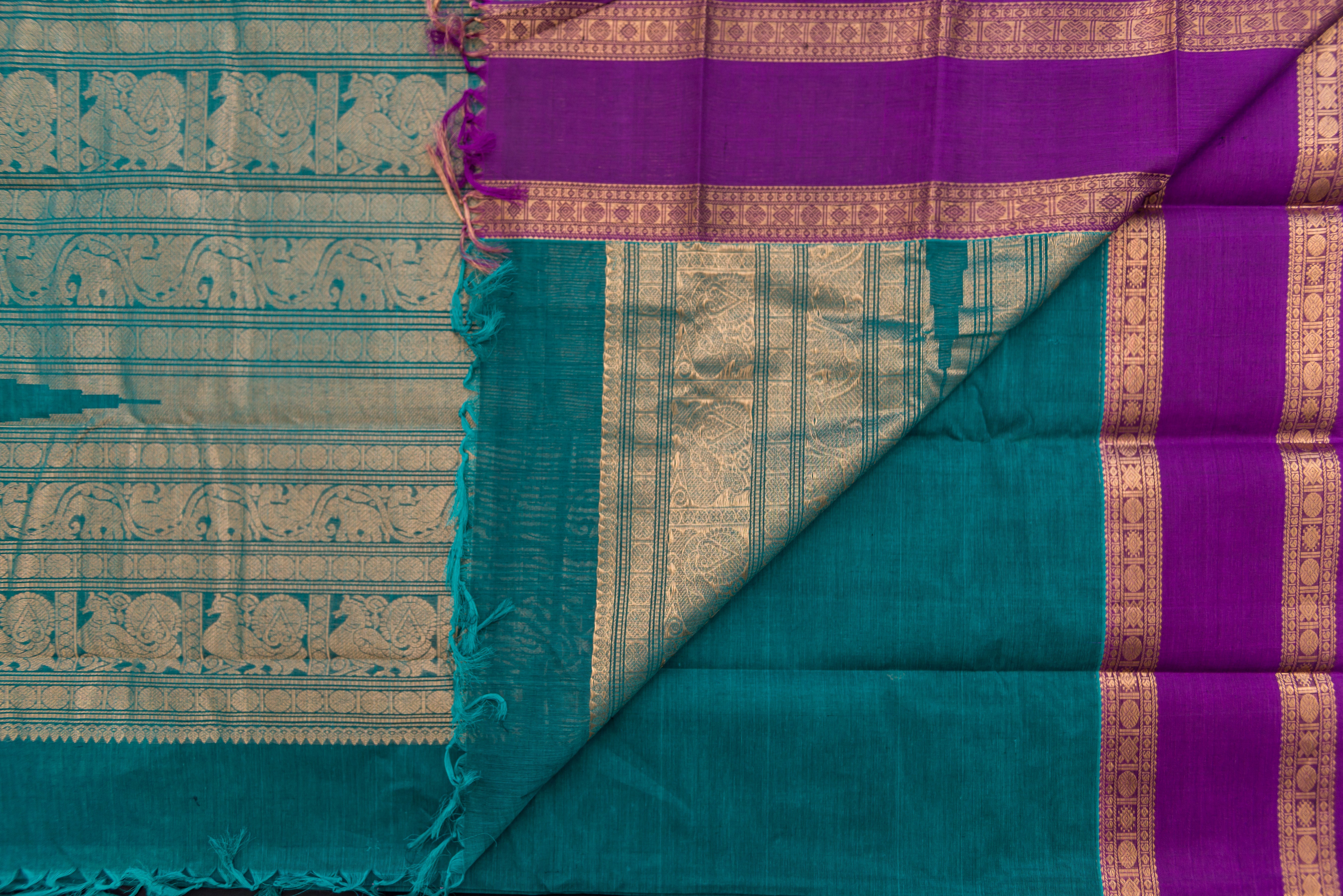 Magnificent Dark Teal Kanchi Cotton Saree with Gold Zari