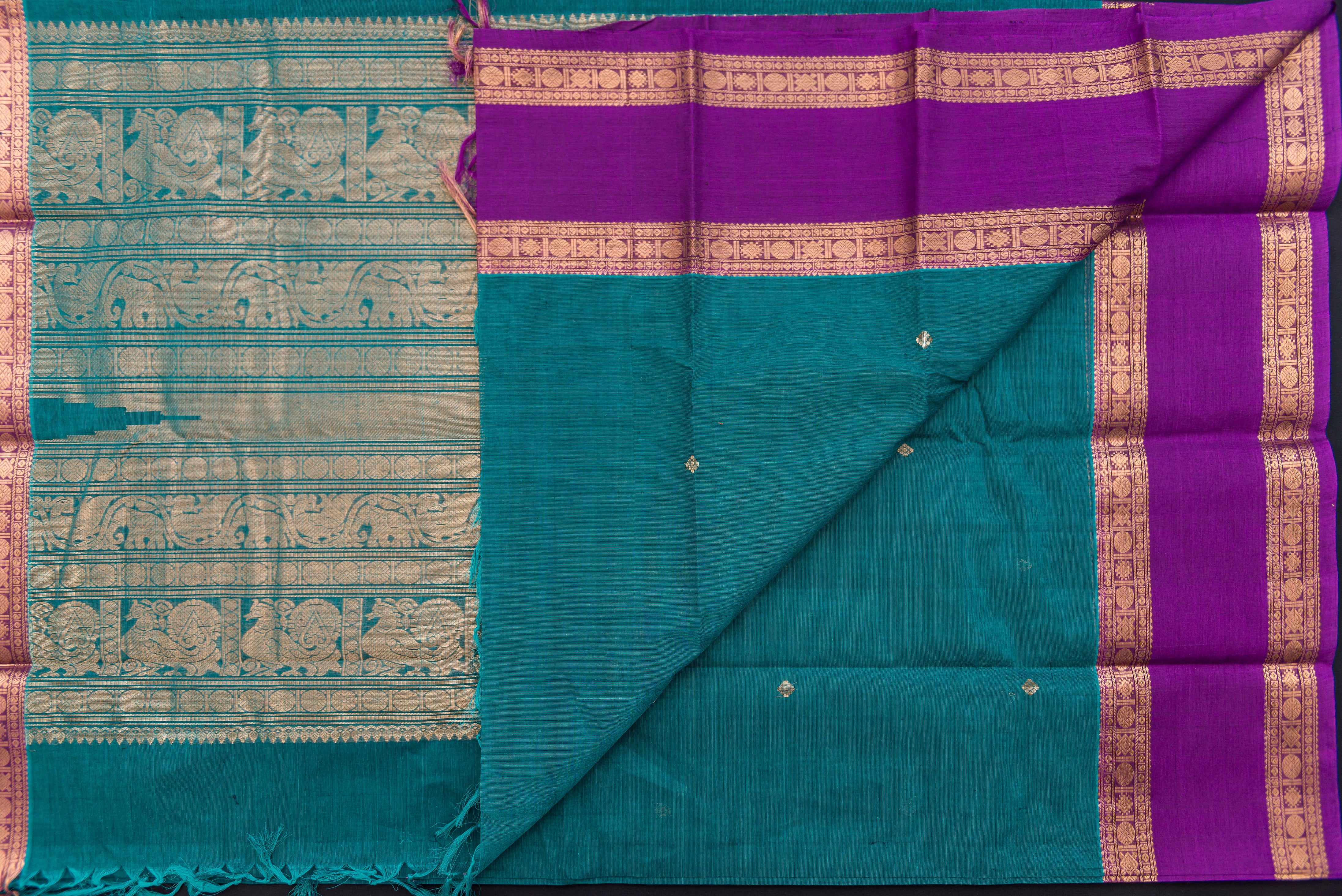 Magnificent Dark Teal Kanchi Cotton Saree with Gold Zari