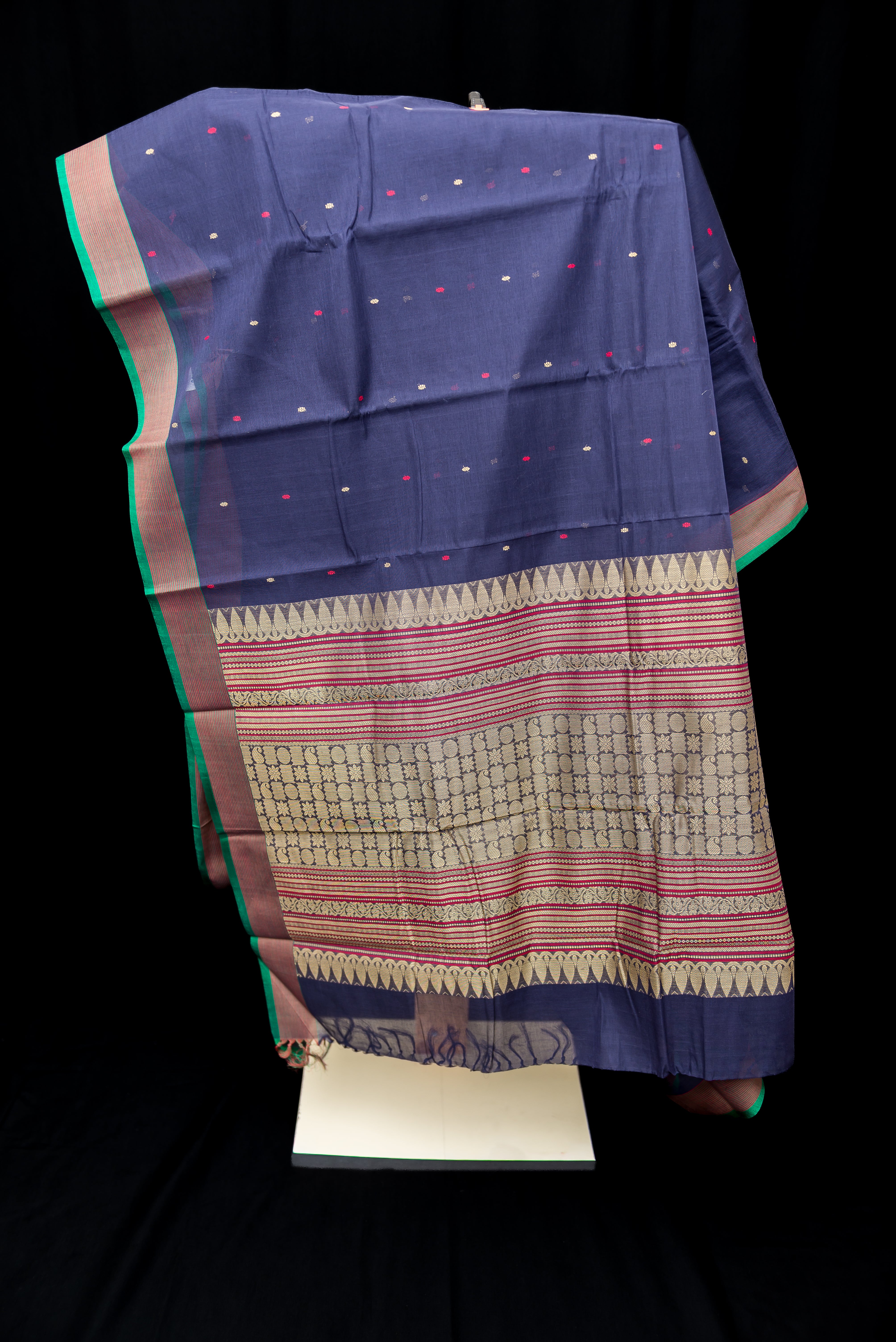 Elegant Deep Navy Blue Kanchi Cotton Saree with Geometric Zari Pallu