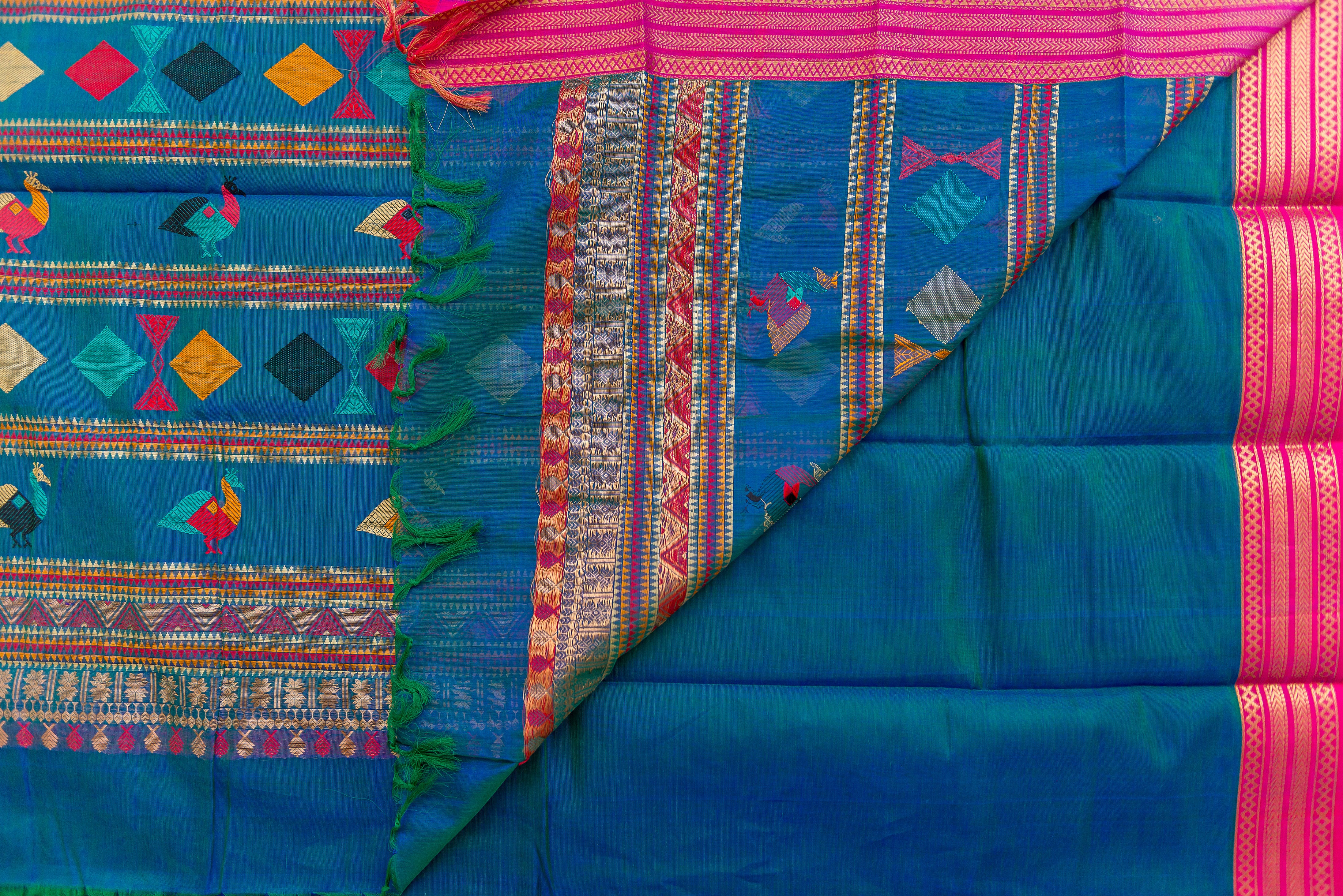 Artistic Teal Silk Cotton Saree with Bomkai Pallu