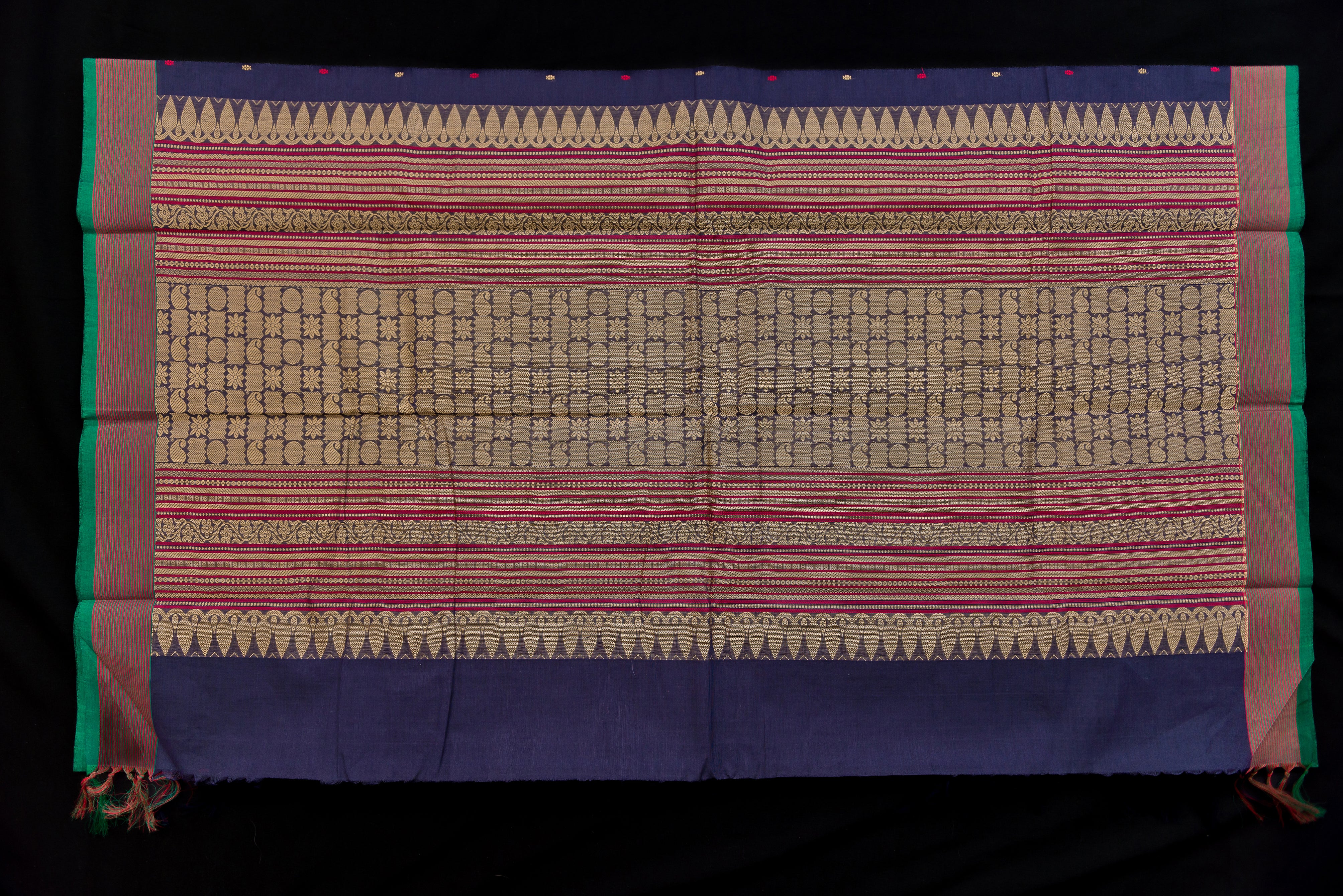 Elegant Deep Navy Blue Kanchi Cotton Saree with Geometric Zari Pallu