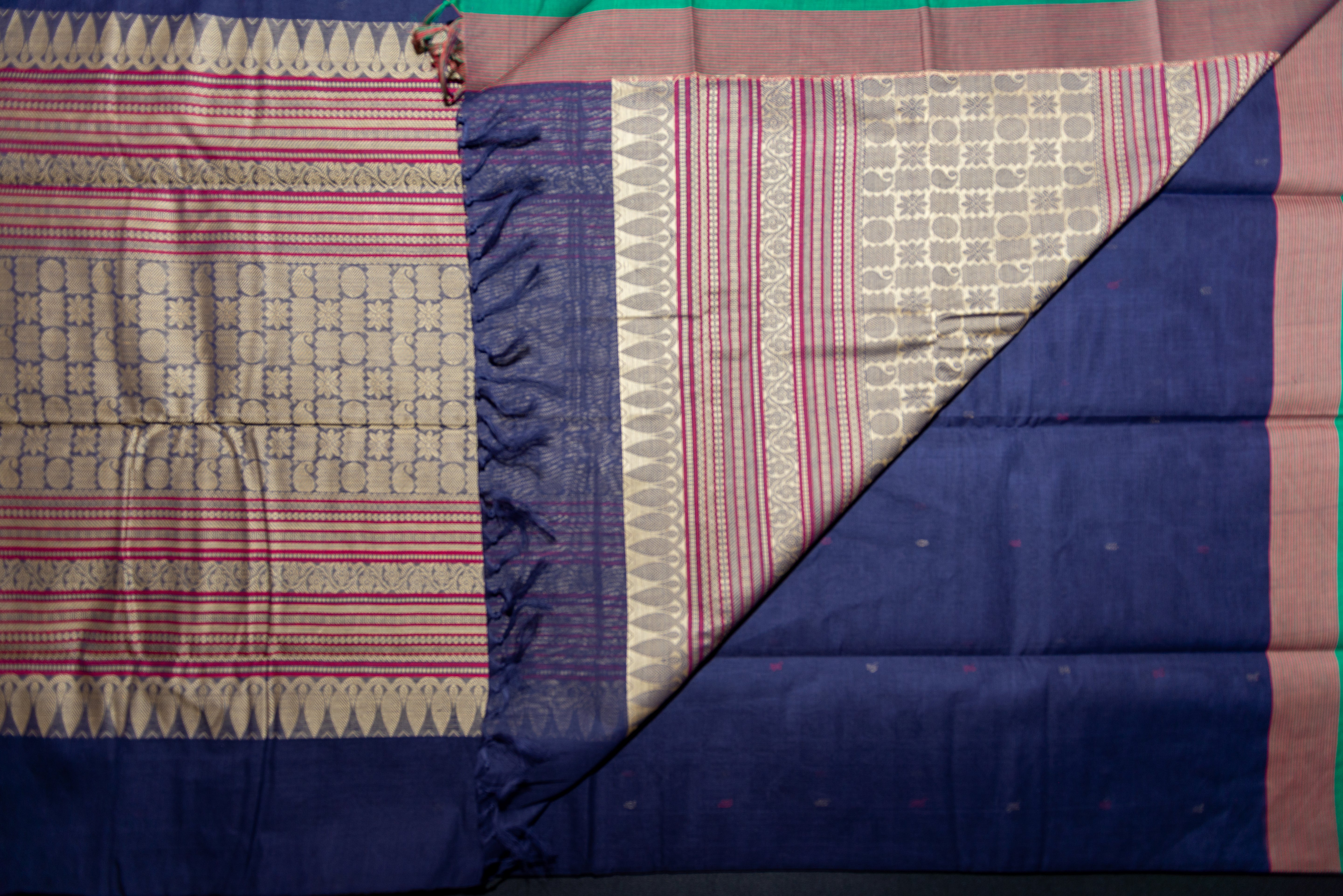 Elegant Deep Navy Blue Kanchi Cotton Saree with Geometric Zari Pallu