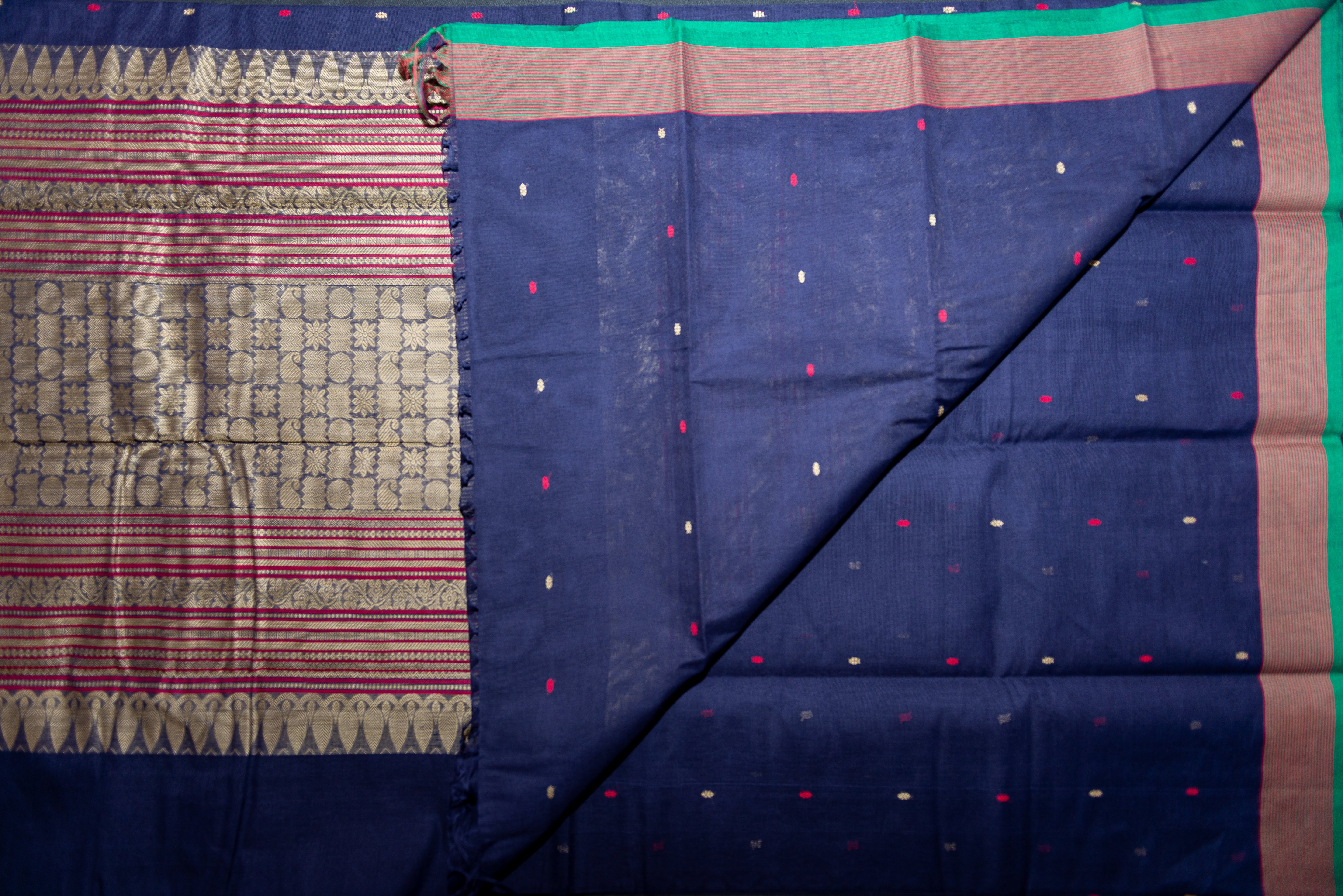 Elegant Deep Navy Blue Kanchi Cotton Saree with Geometric Zari Pallu