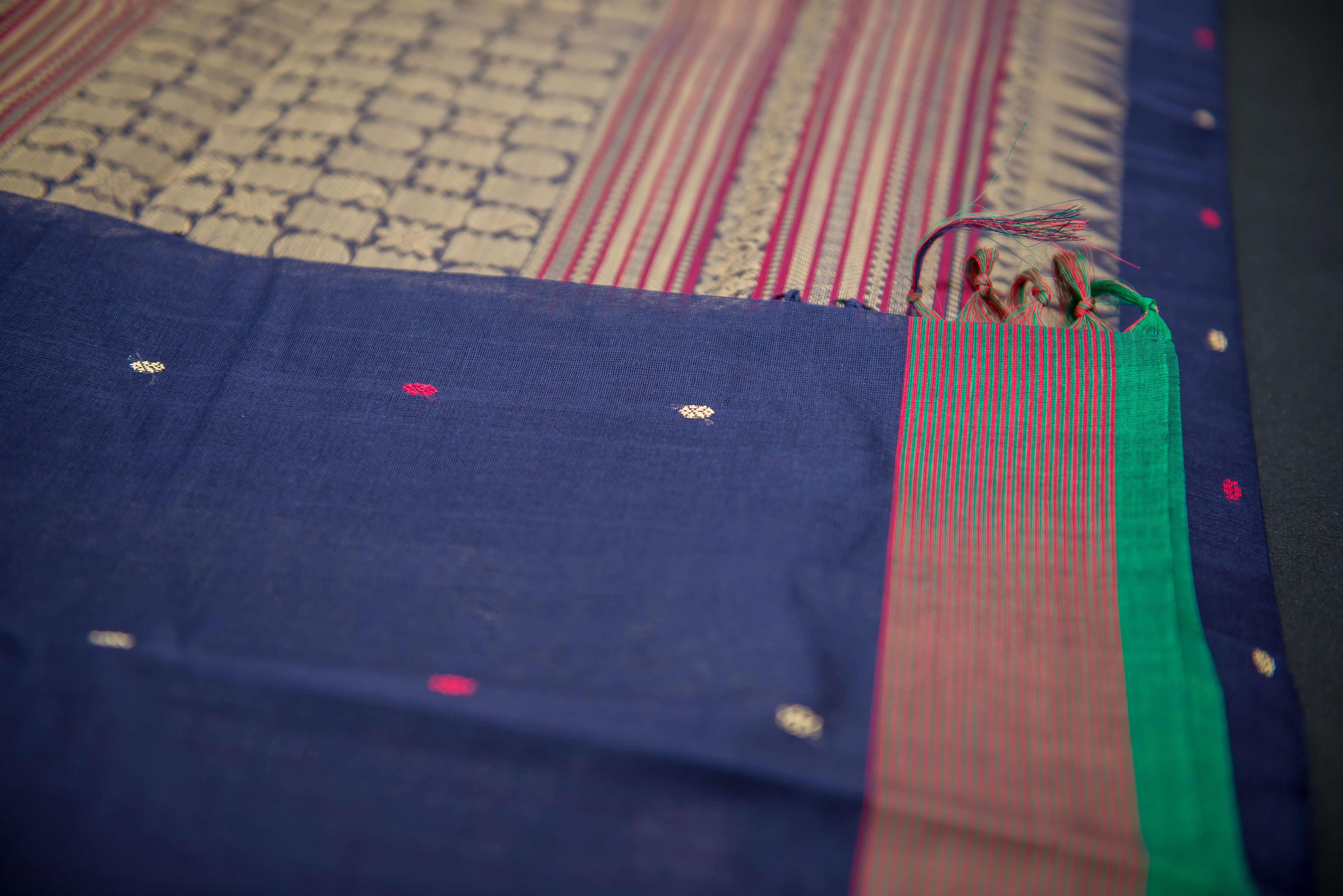 Elegant Deep Navy Blue Kanchi Cotton Saree with Geometric Zari Pallu