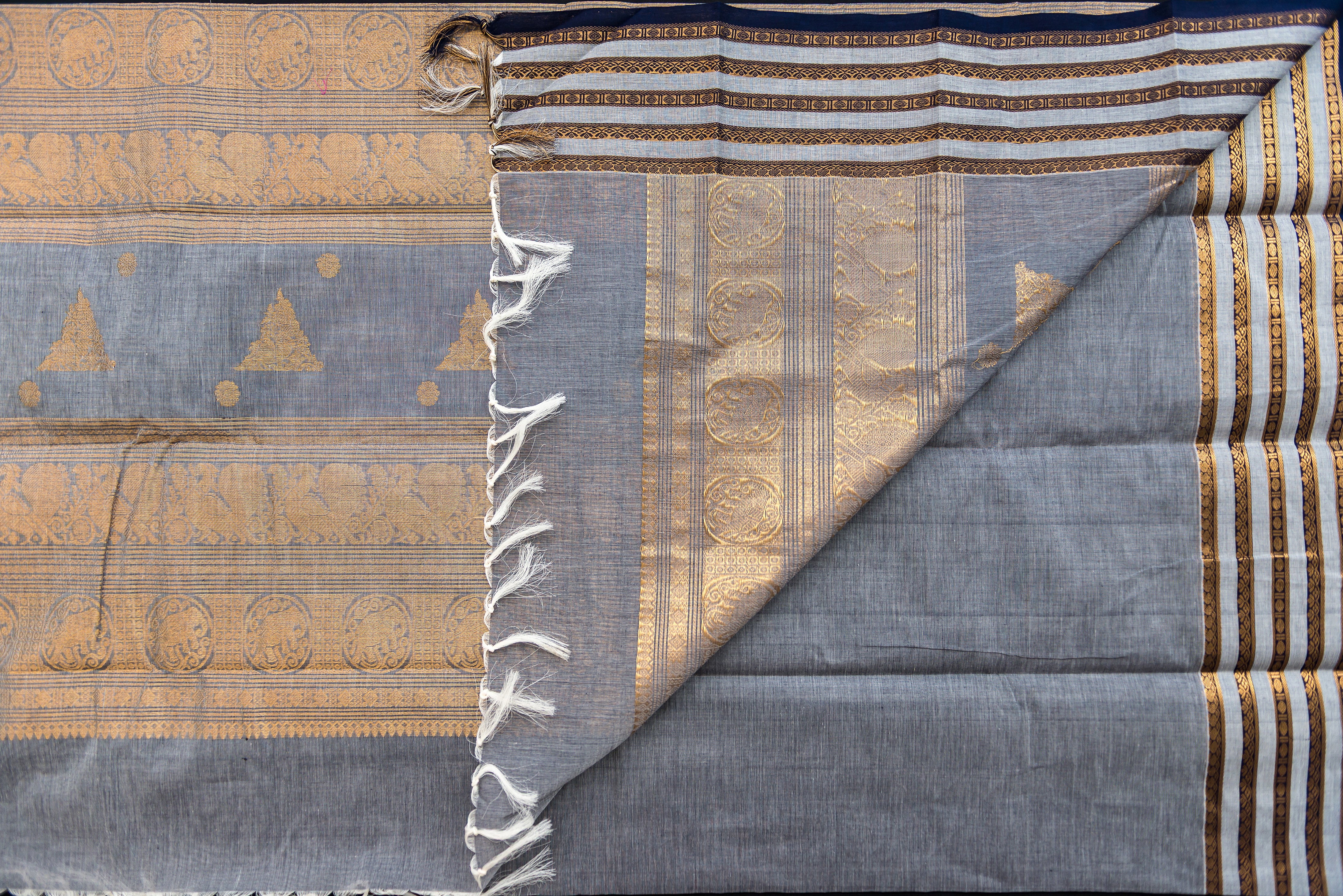 Sophisticated Charcoal Grey Kanchi Cotton Saree with Antique Gold Zari