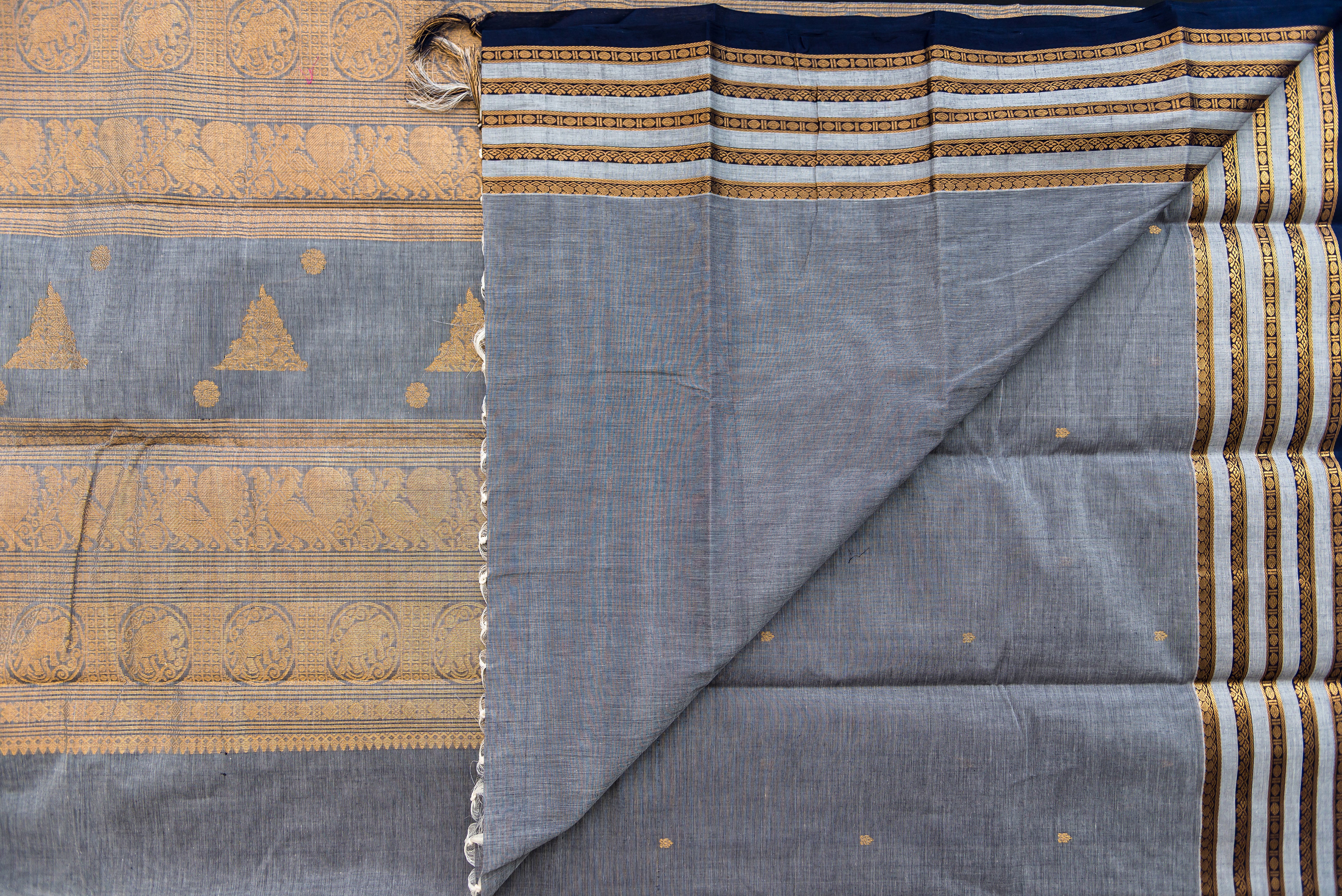 Sophisticated Charcoal Grey Kanchi Cotton Saree with Antique Gold Zari