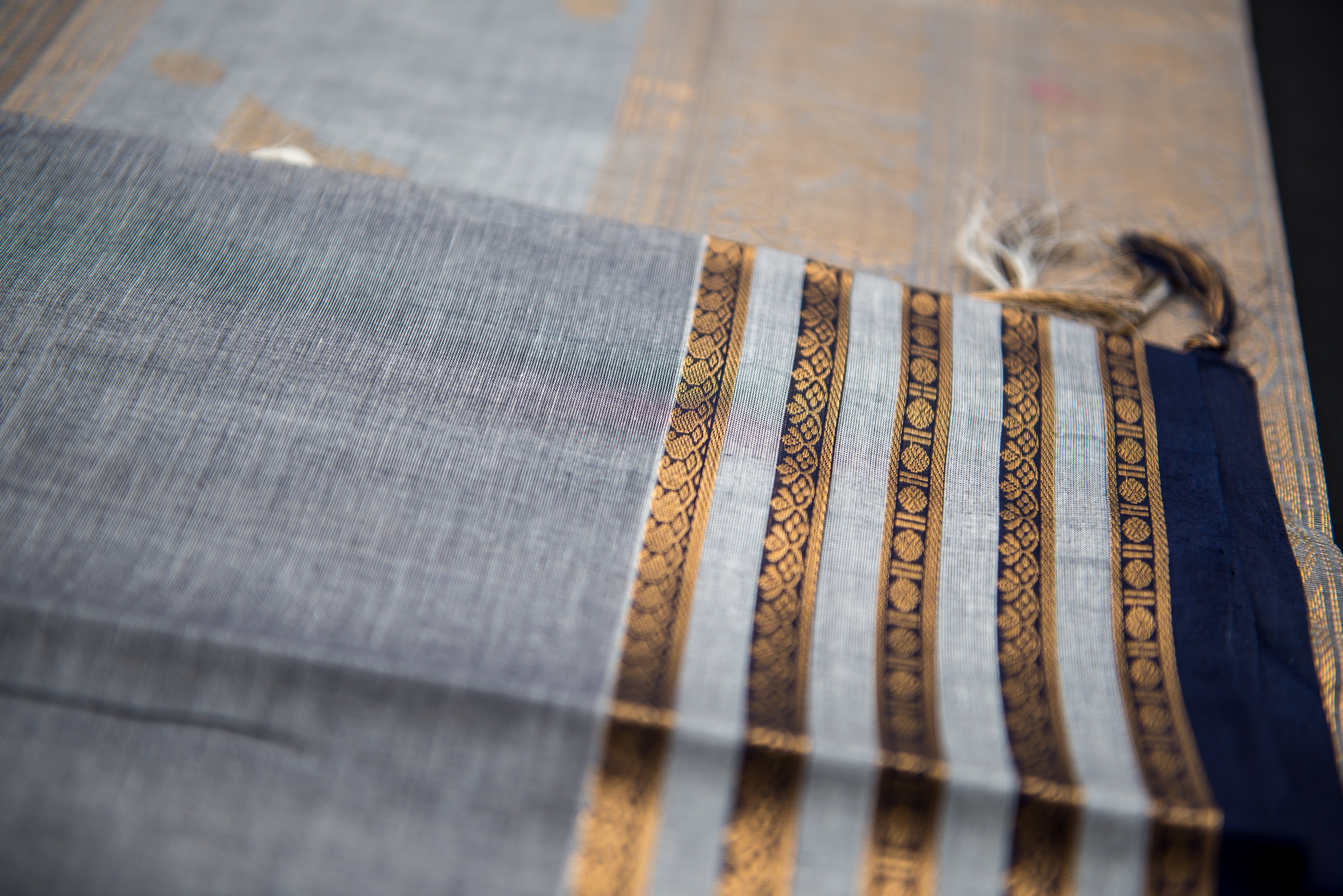 Sophisticated Charcoal Grey Kanchi Cotton Saree with Antique Gold Zari