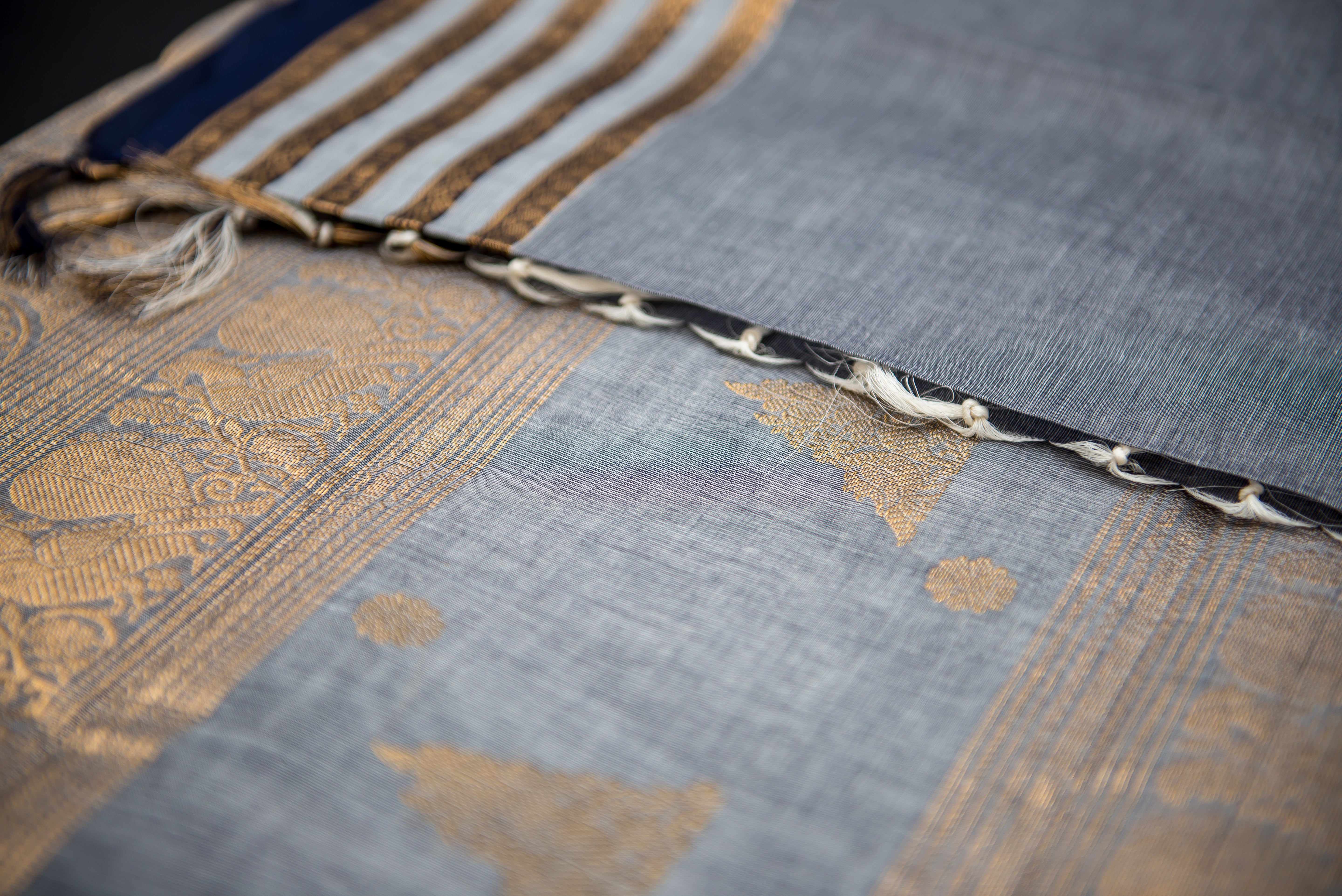 Sophisticated Charcoal Grey Kanchi Cotton Saree with Antique Gold Zari