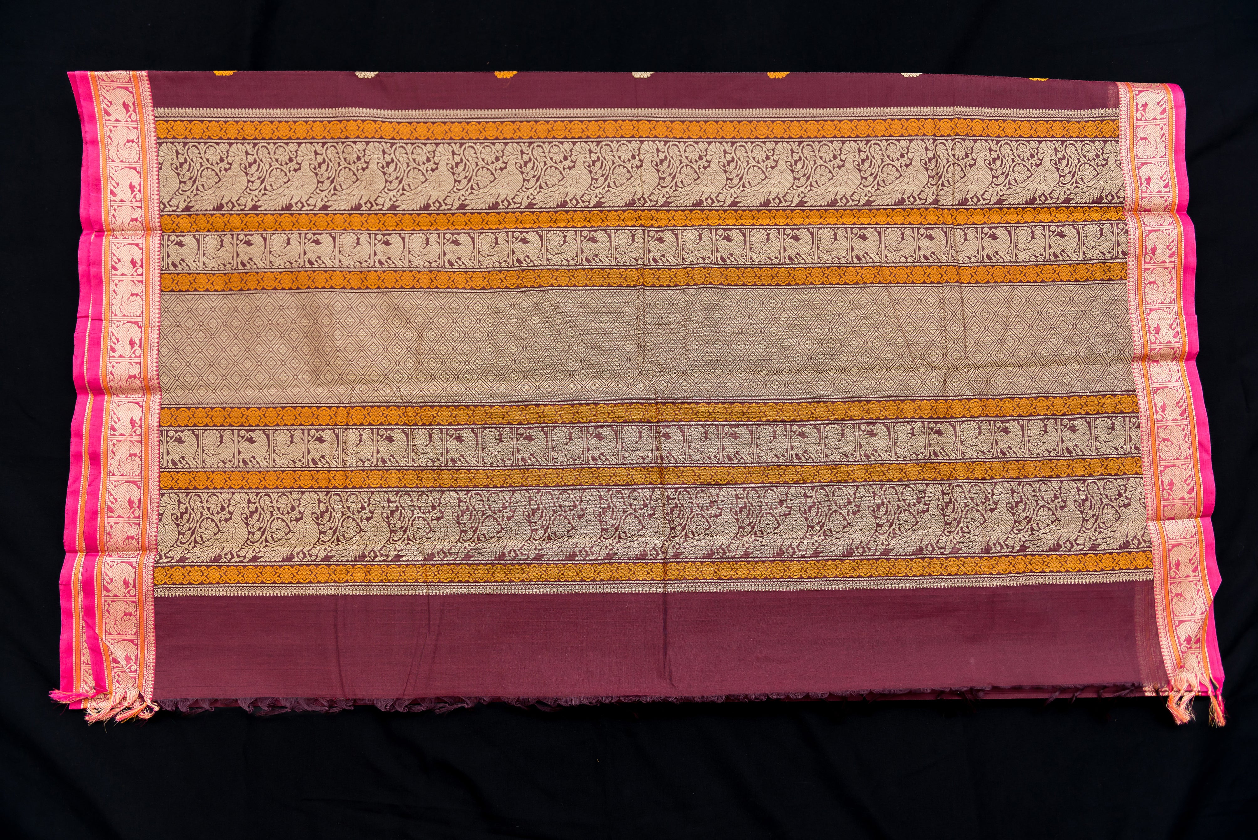 Luxurious Maroon Kanchi Cotton Saree with Antique Gold Pallu
