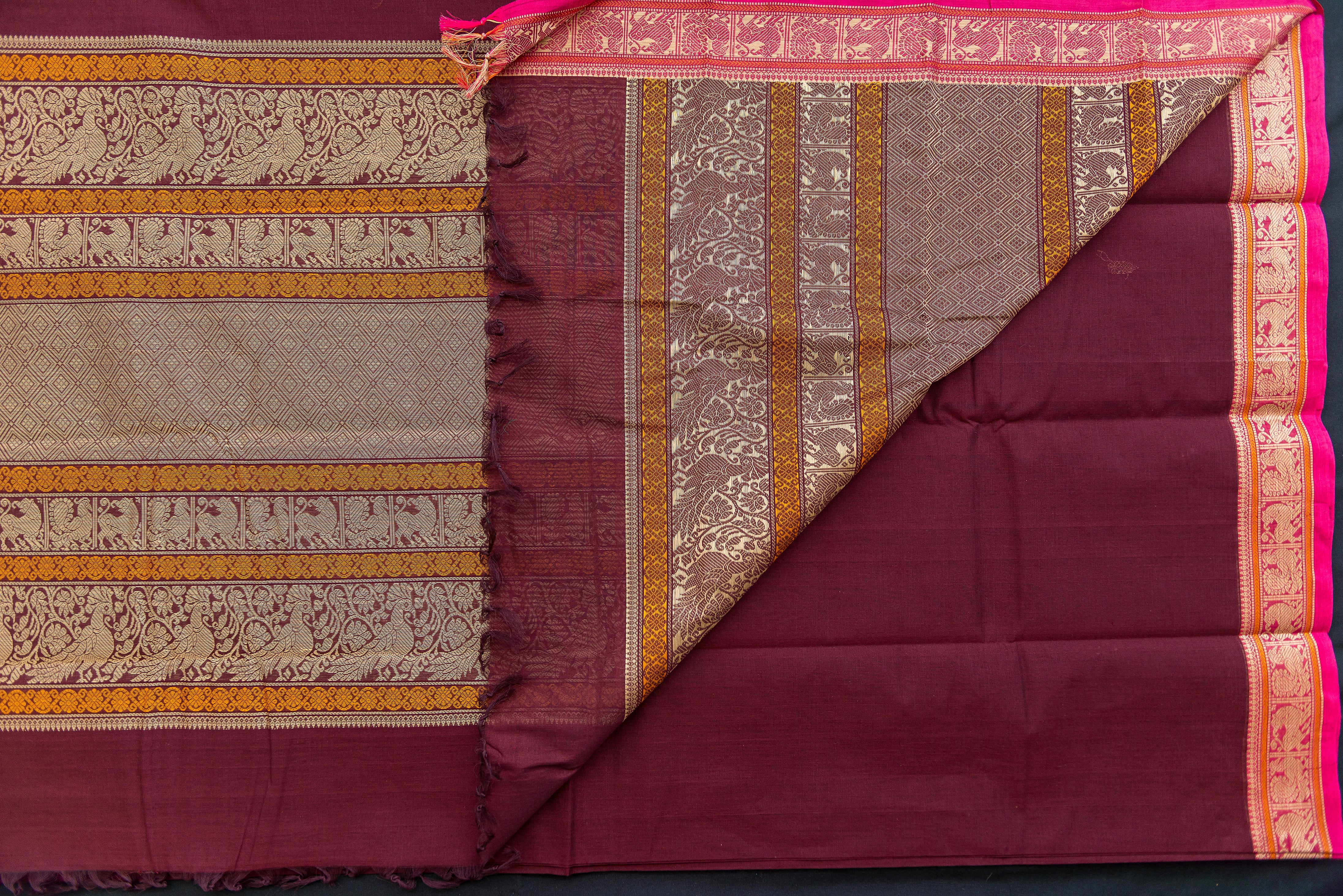 Luxurious Maroon Kanchi Cotton Saree with Antique Gold Pallu